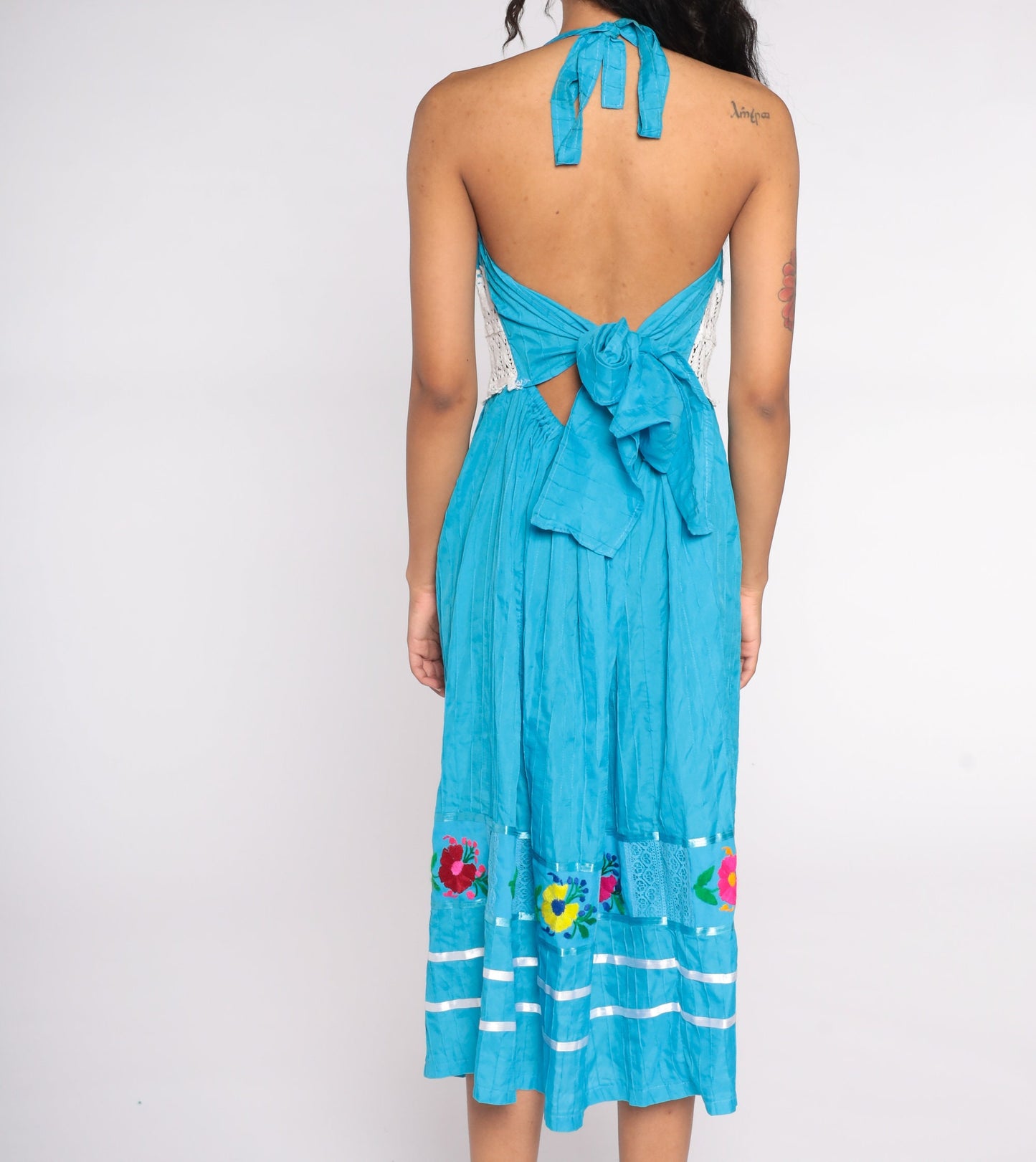 Vintage Embroidered Mexican Halter Midi Dress Blue Crochet Waist Large