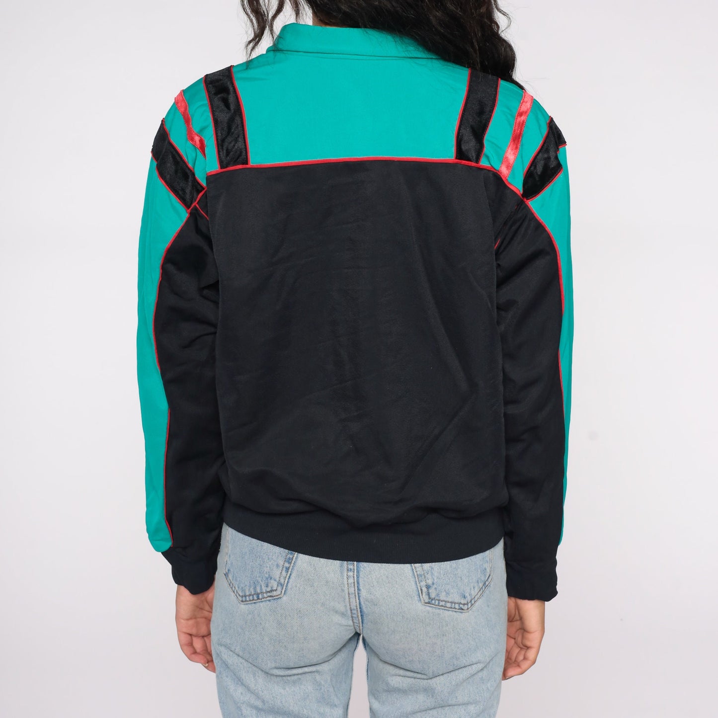 80s Track Jacket Zip-Up Sweatshirt Black Teal Colour Block Medium
