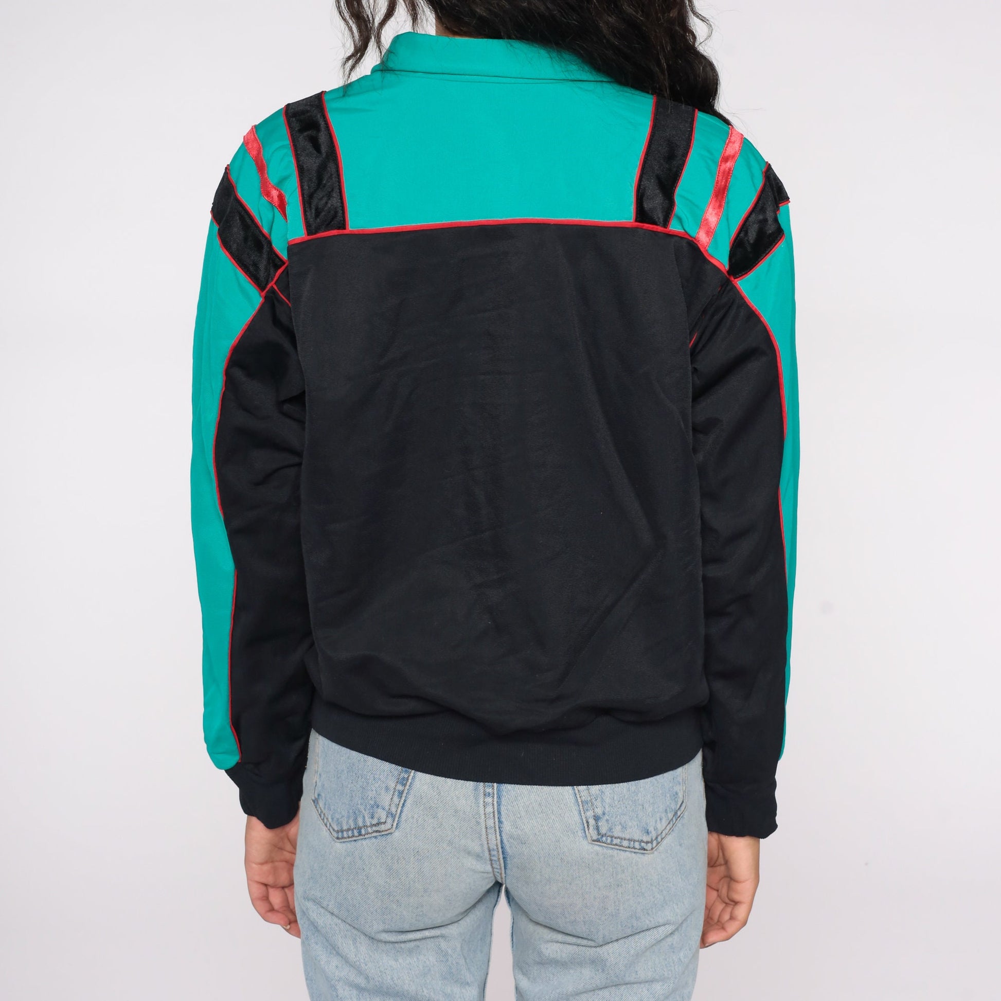 80s Track Jacket Zip-Up Sweatshirt Black Teal Colour Block Medium