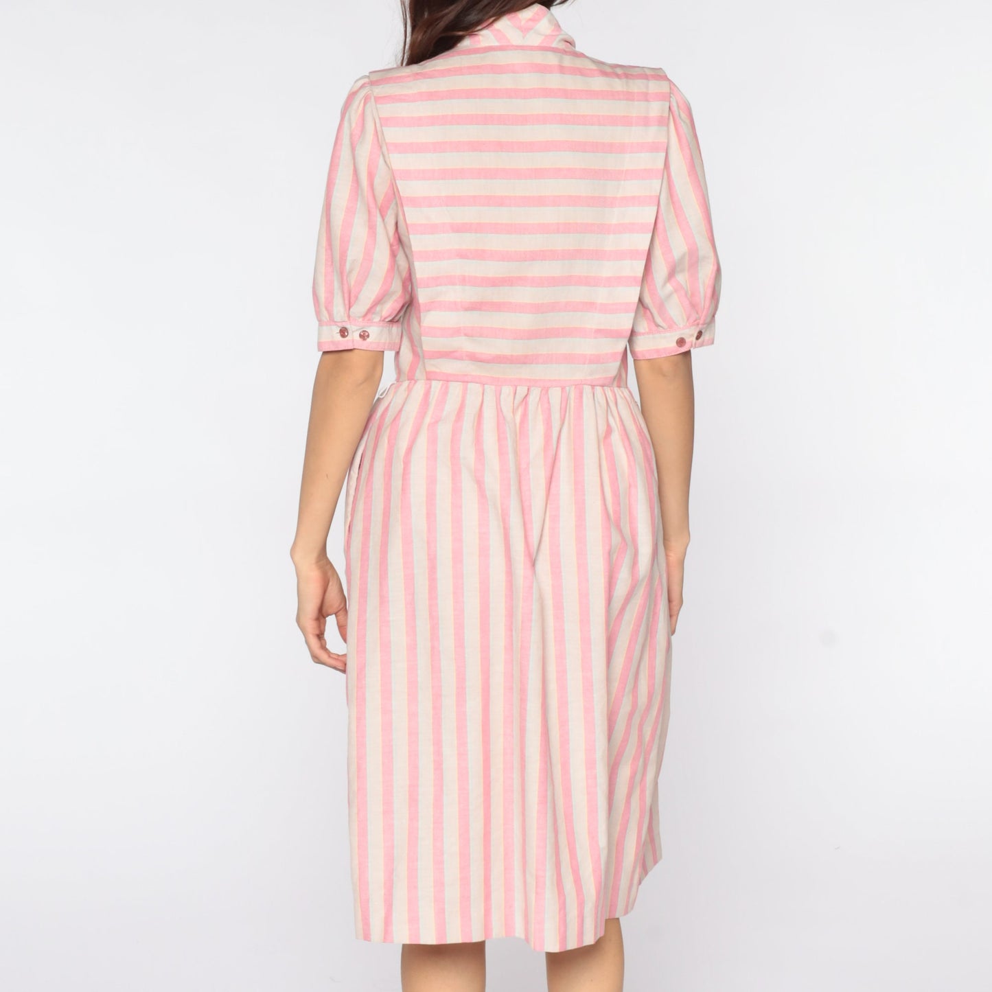 80s Pink Striped Midi Wrap Dress Puff Sleeve V-Neck Medium