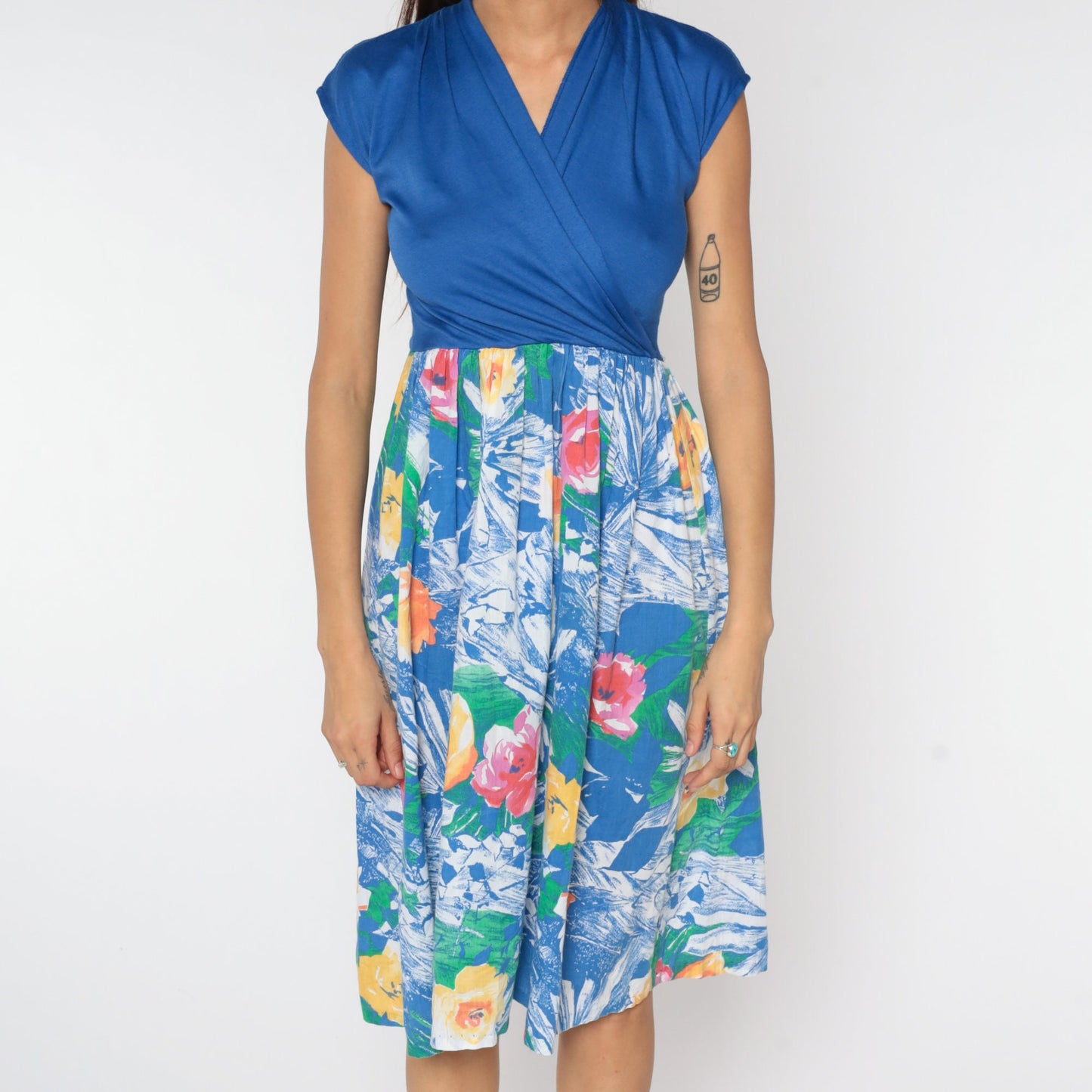 80s Floral Midi Wrap Dress Blue Cap Sleeve High Waist Small