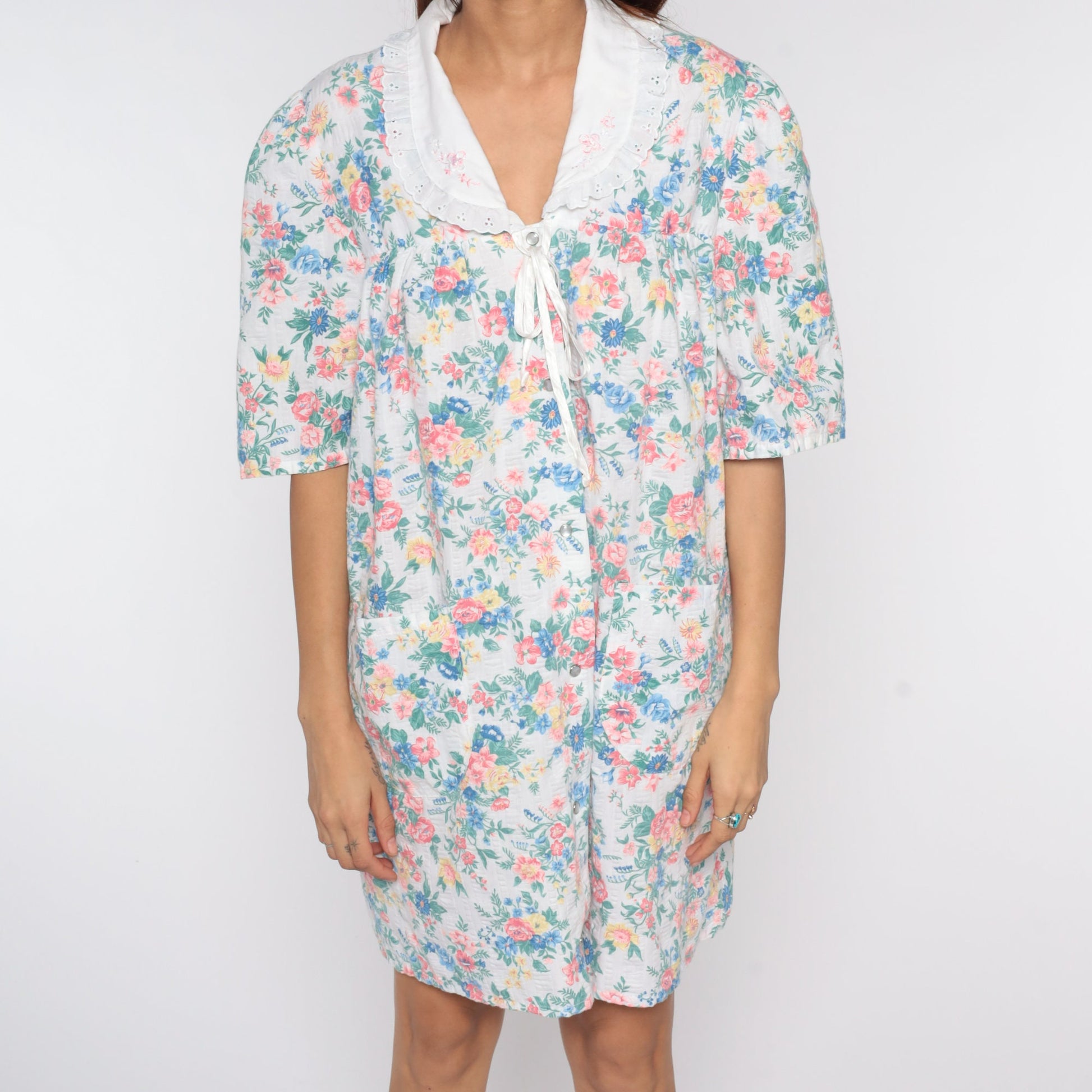 80s Floral Dress with Lace Collar Short Sleeve White Cotton Mini Large L