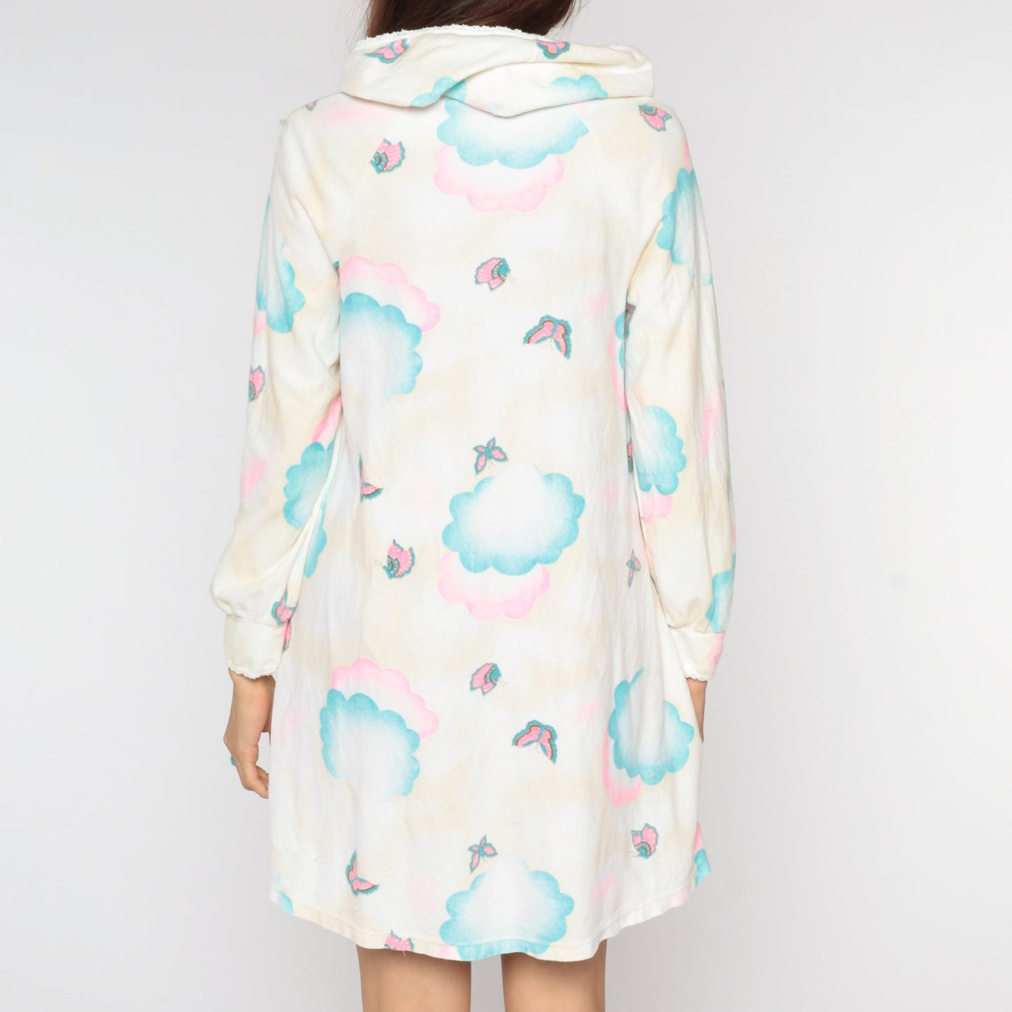 70s Hooded Lounge Dress Mini Butterfly Cloud Print Shift Beige White Small