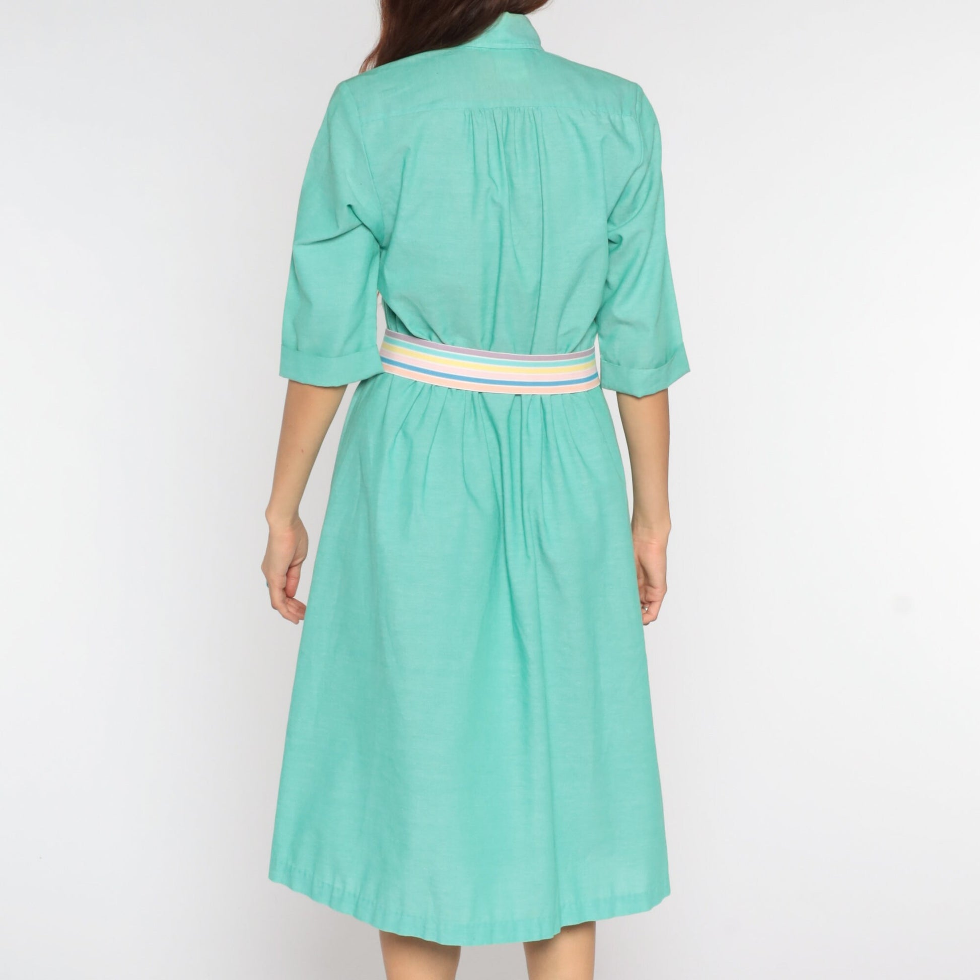80s Green Shirtwaist Midi Dress High Waist Button Up 3/4 Sleeve Medium Petite