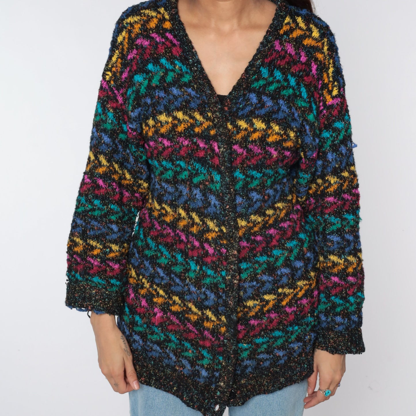 80s Metallic Geometric Cardigan Black Rainbow Sparkly Knit Small