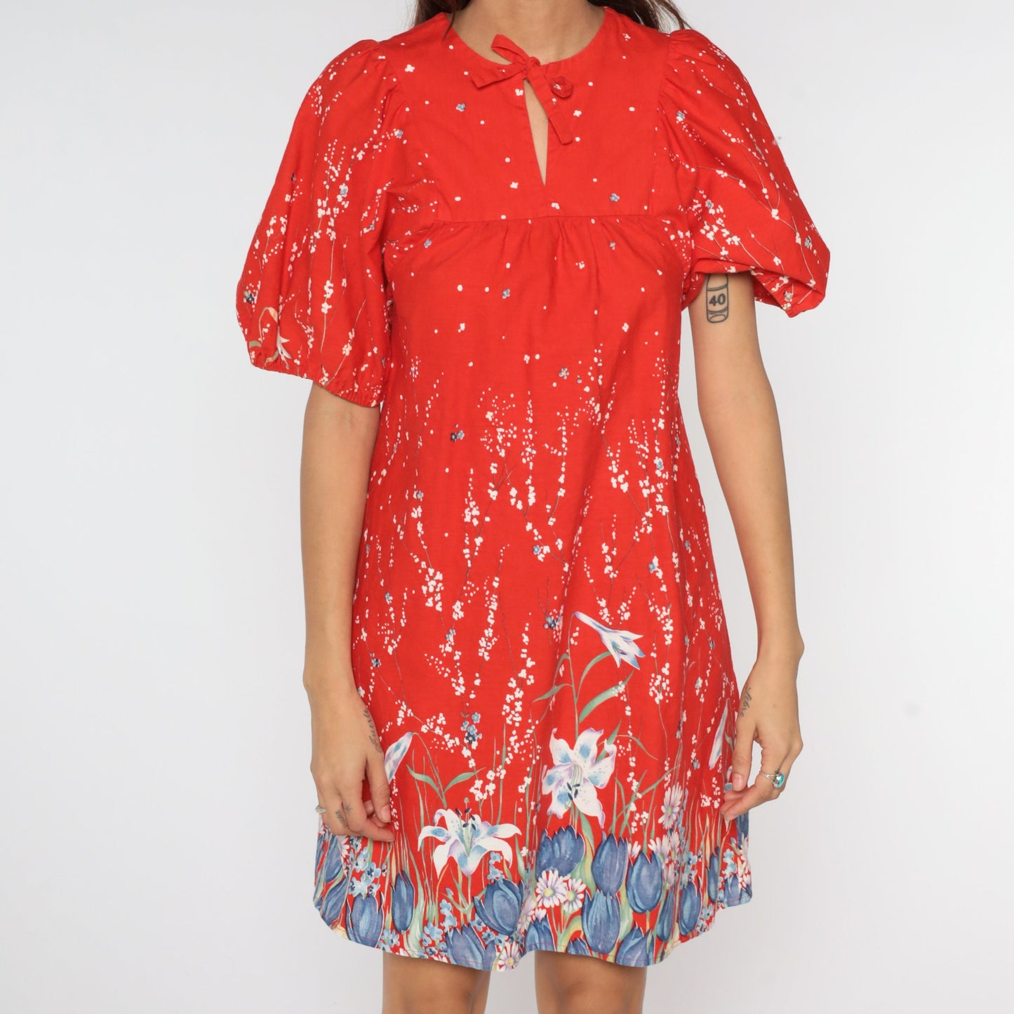 70s Floral Mini Dress Red Puff Sleeve Shift Keyhole Small
