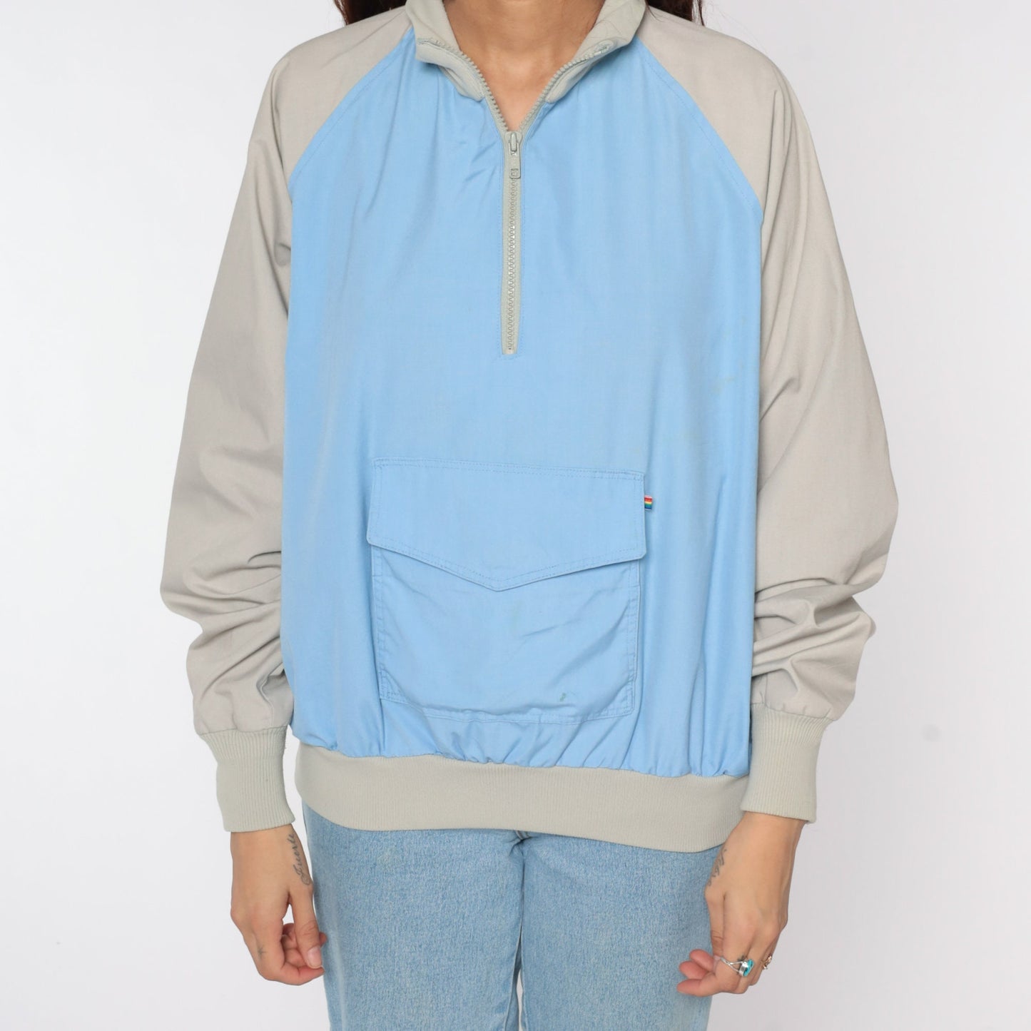 80s Baby Blue Taupe Raglan Windbreaker Half Zip Pullover Jacket Large