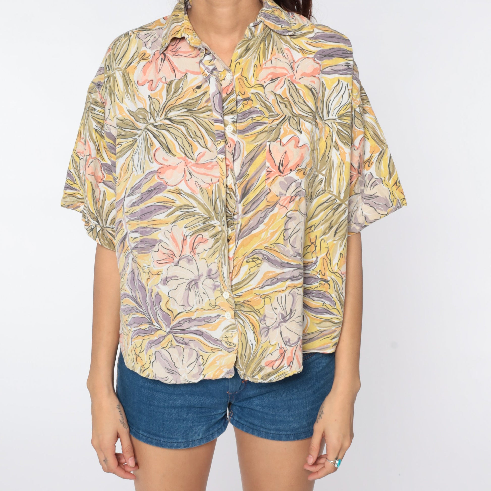 80s Tropical Floral Button-Up Shirt Yellow Pink Hawaiian Blouse Medium