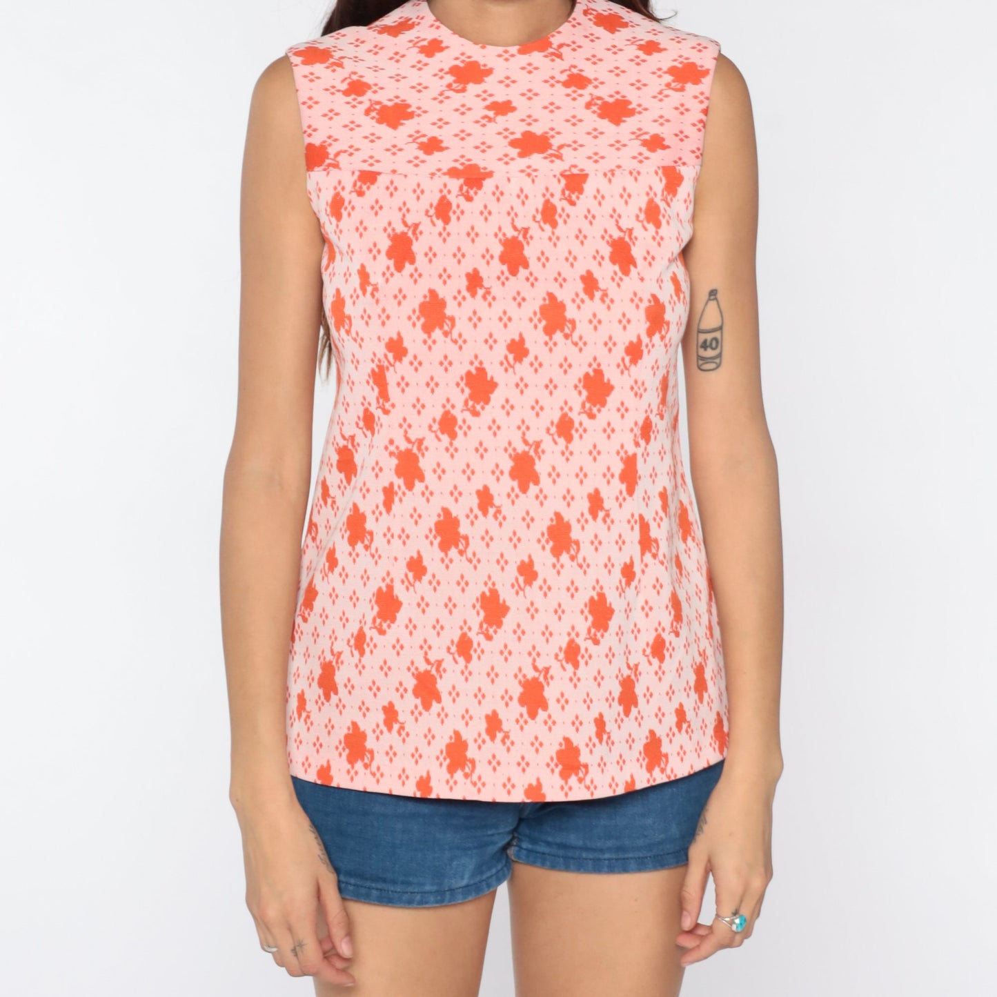 70s Orange Floral Abstract Tank Top Sleeveless Blouse Small
