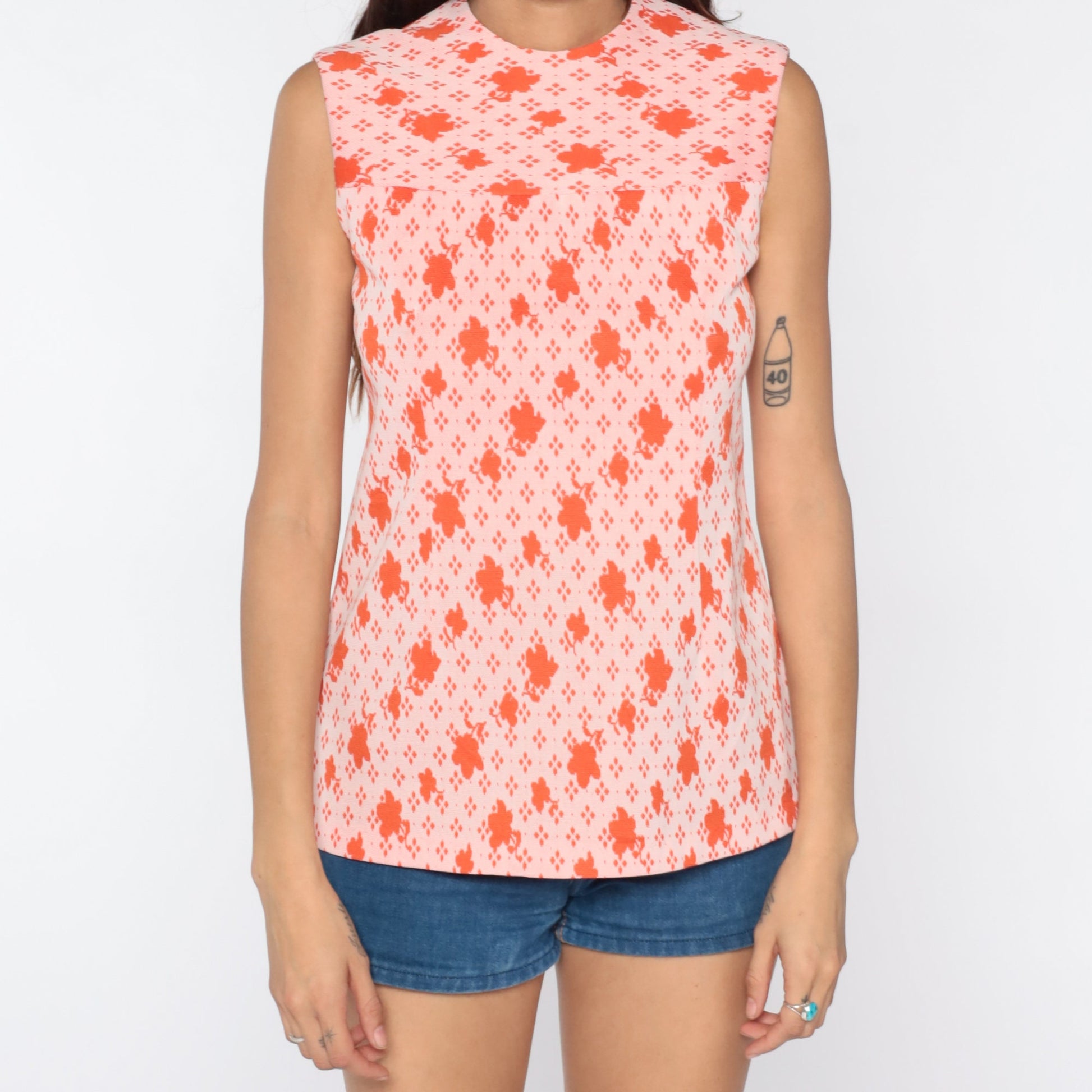 70s Orange Floral Abstract Tank Top Sleeveless Blouse Small