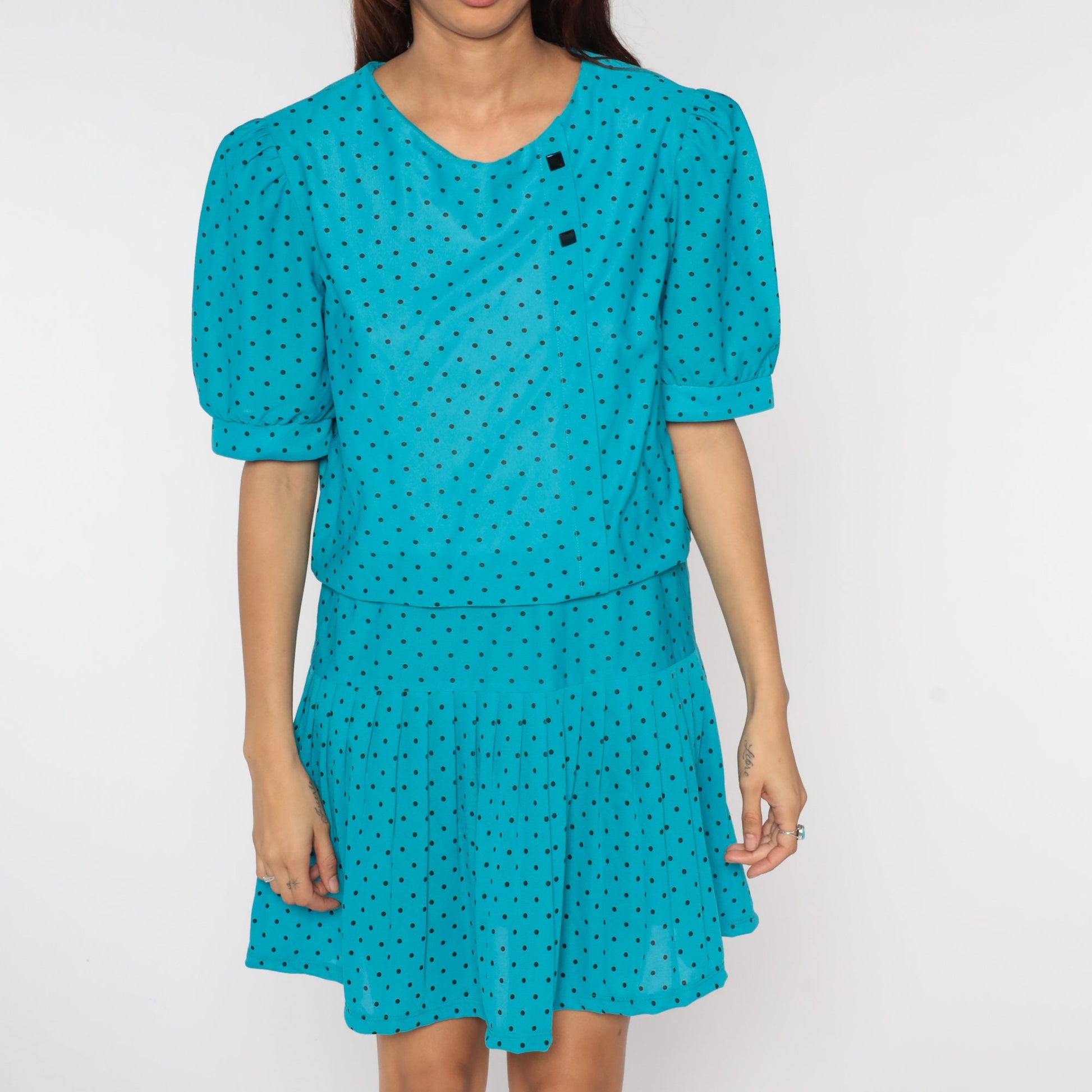 80s Blue Polka Dot Mini Dress Puff Sleeve Low Waist Large