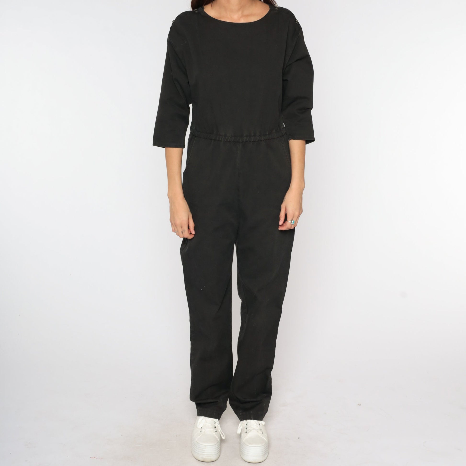 80s Black Jumpsuit High Waisted Tapered 3/4 Sleeve Playsuit Small Medium