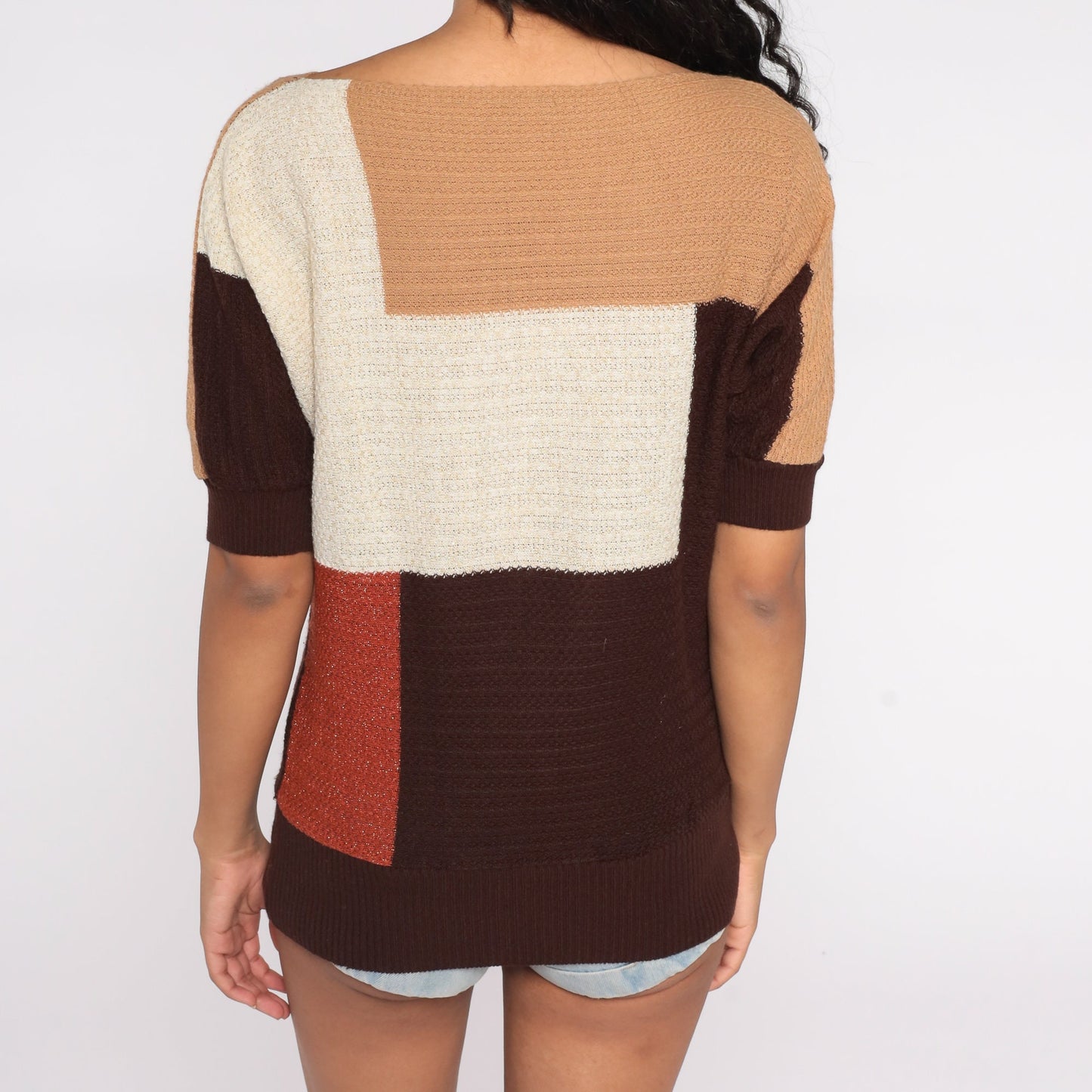 80s Color Block Knit Top Short Sleeve Striped Sweater Cream Rust Brown Small S