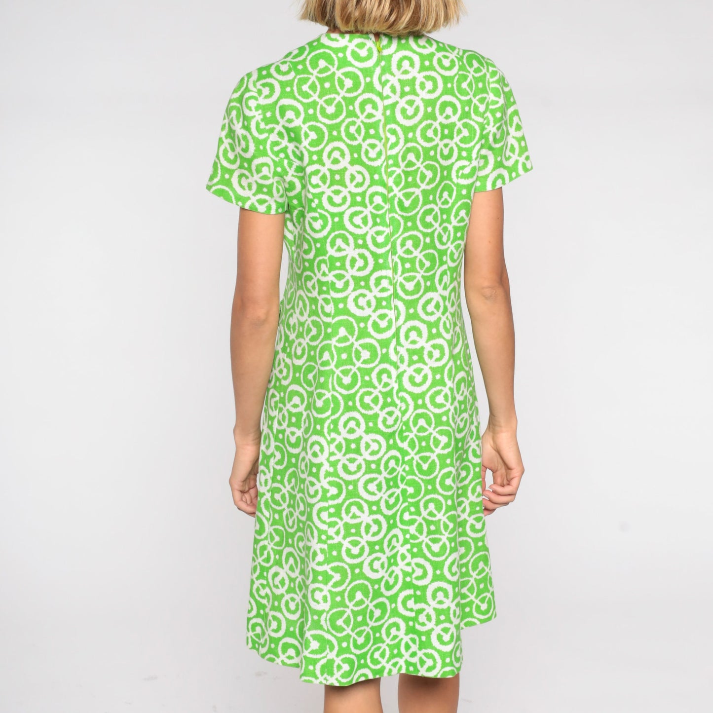 60s Green Geometric A-Line Shift Dress Short Sleeve Mini Pockets Small
