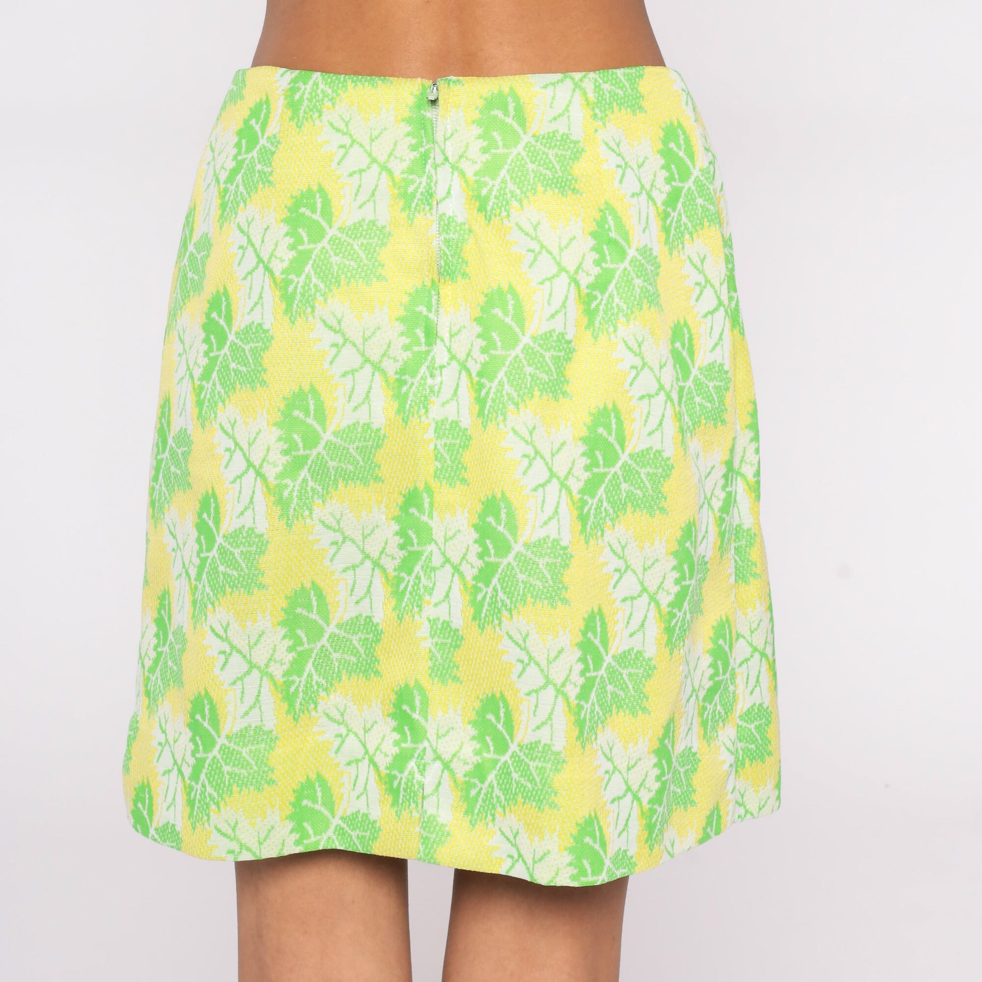 70s Yellow Leaf Print Mini Skirt High Waist Pocket Small