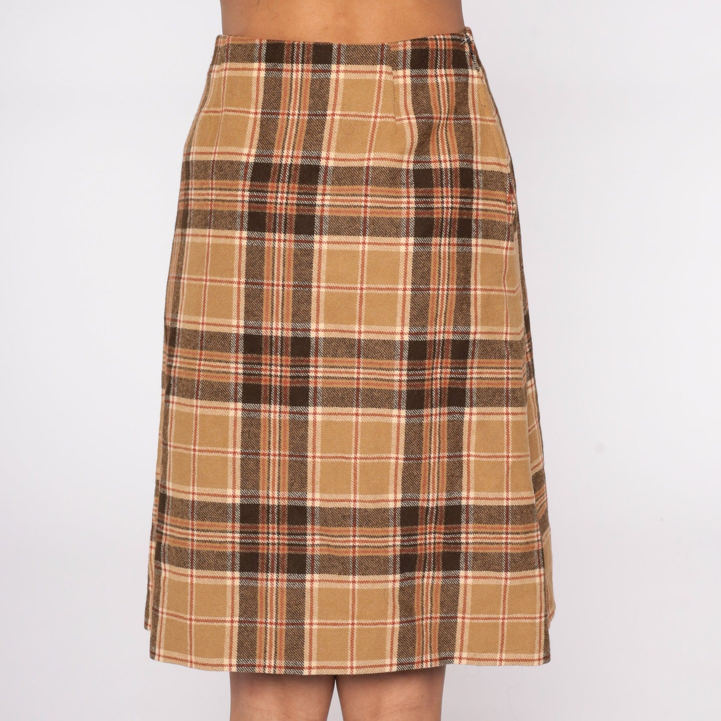 70s Brown Plaid High-Waist Pencil Skirt Wool Extra Small XS