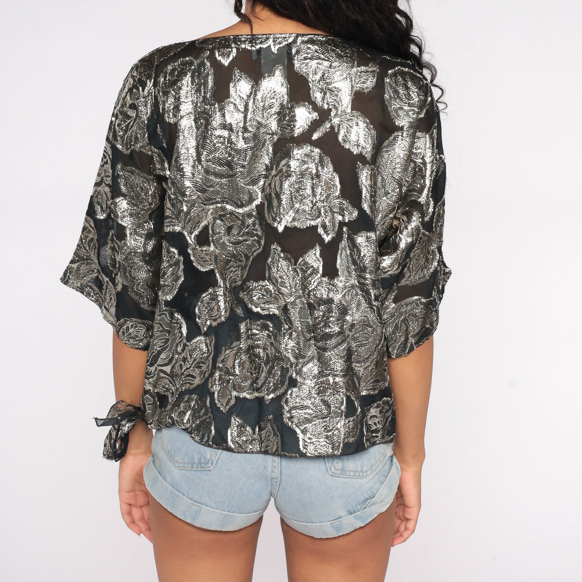80s Metallic Silver Rose Floral Sheer Blouse Dolman Sleeve Small