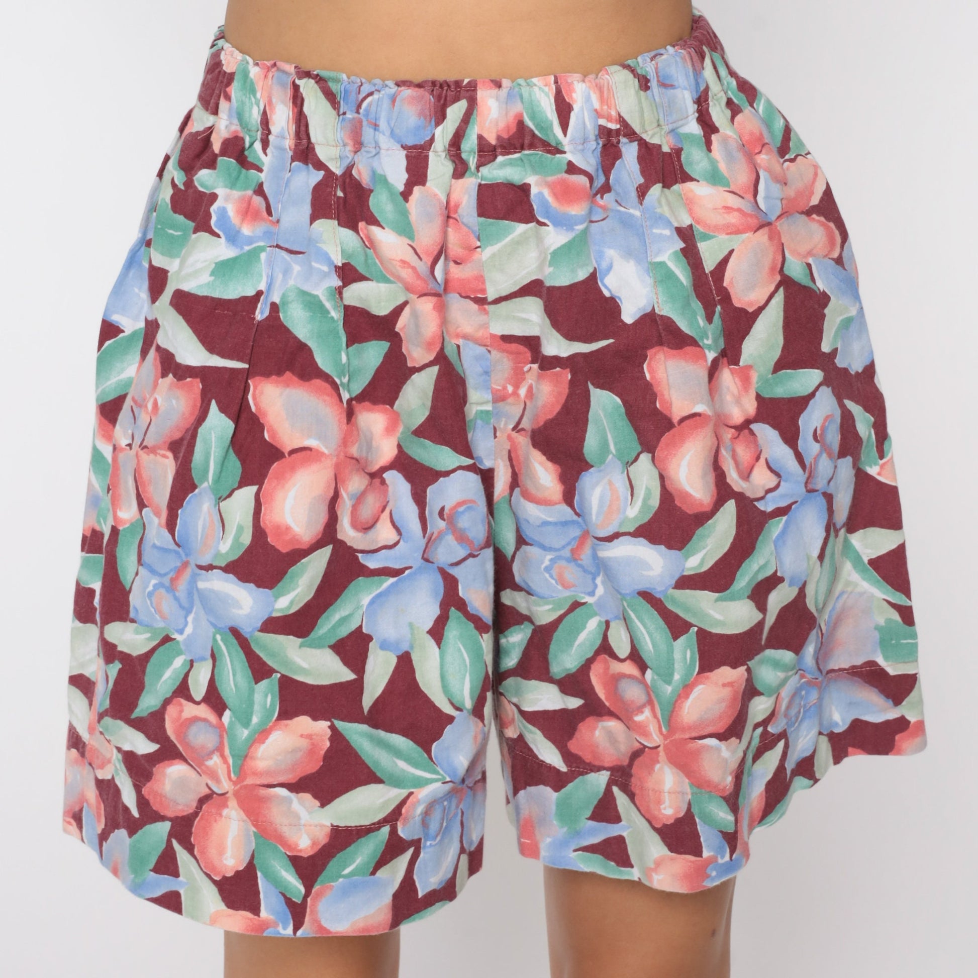 90s Floral High-Waist Baggy Shorts Burgundy Wide Leg Small Medium