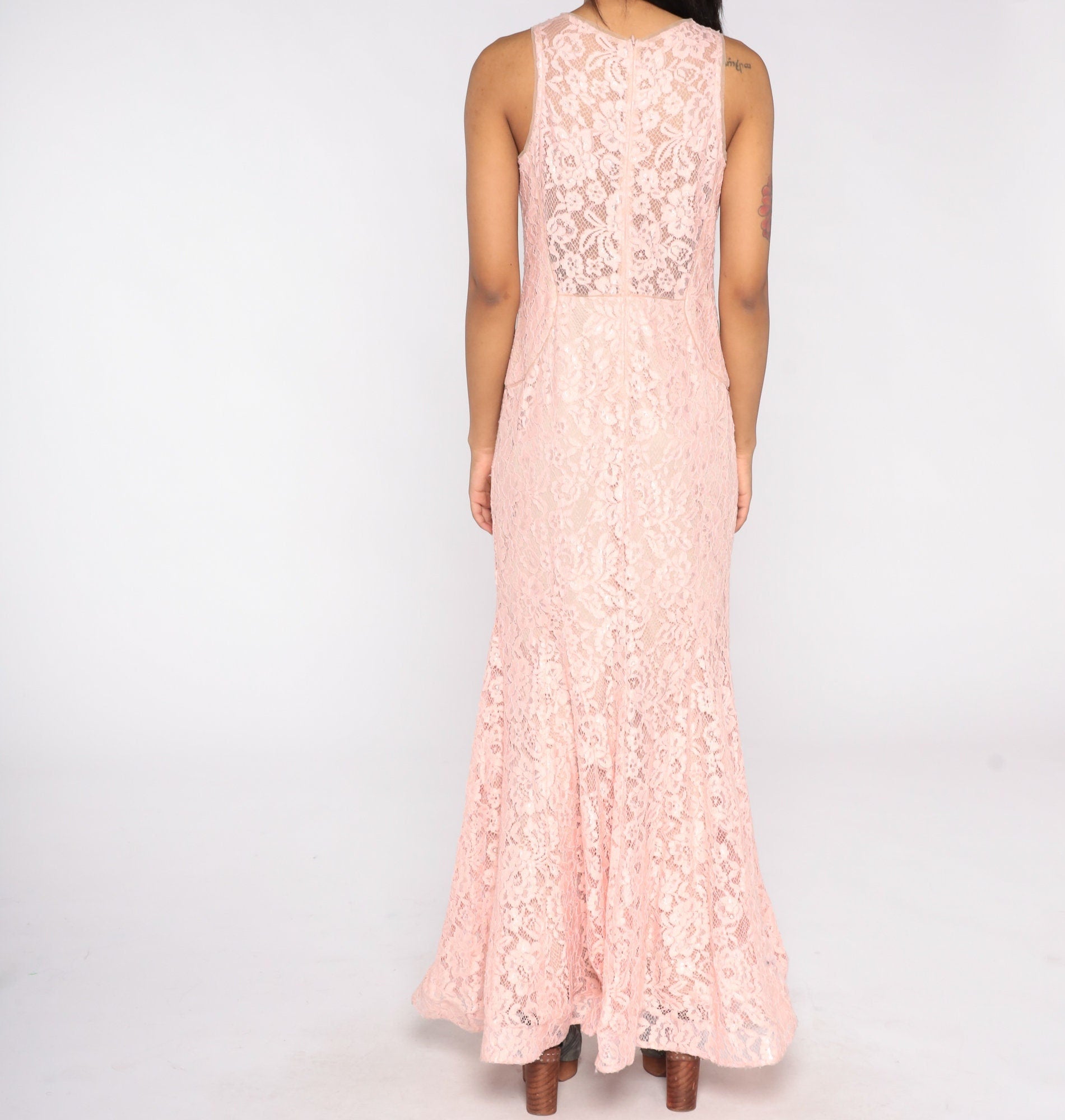 Y2K Baby Pink Lace Maxi Dress Plunge Illusion Neckline Sleeveless Large 12P