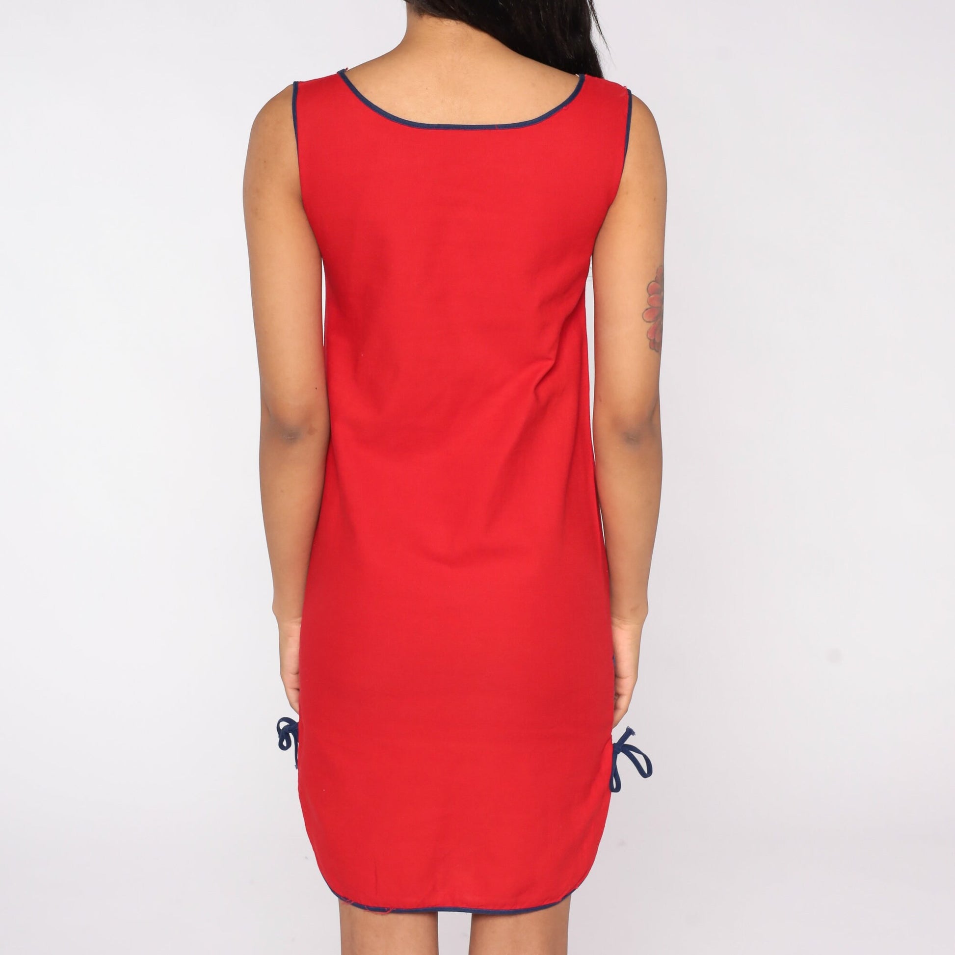 80s Red Mini Sheath Dress Striped Trim Sleeveless Extra Small