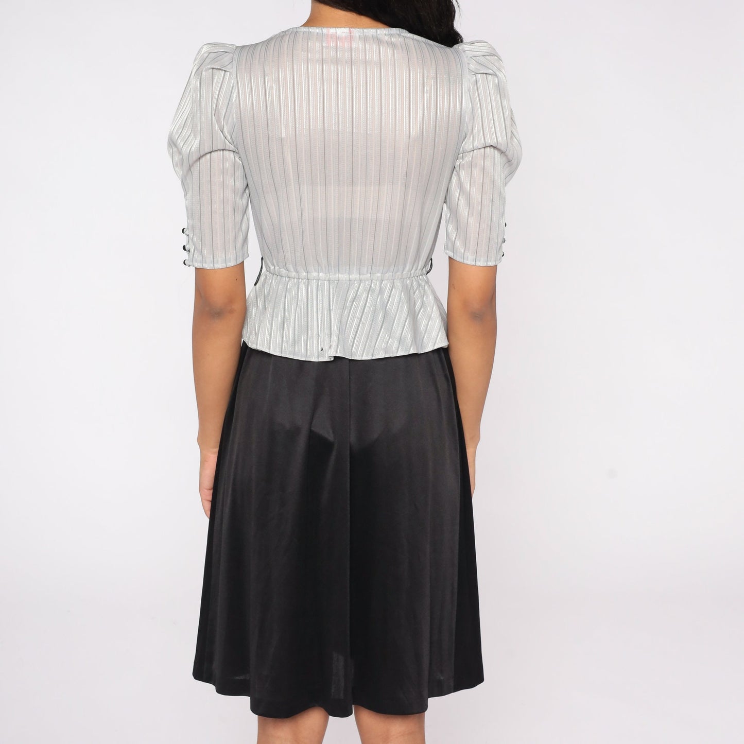 80s Peplum Dress Puff Sleeve Cowl Neck Silver Grey Midi Small