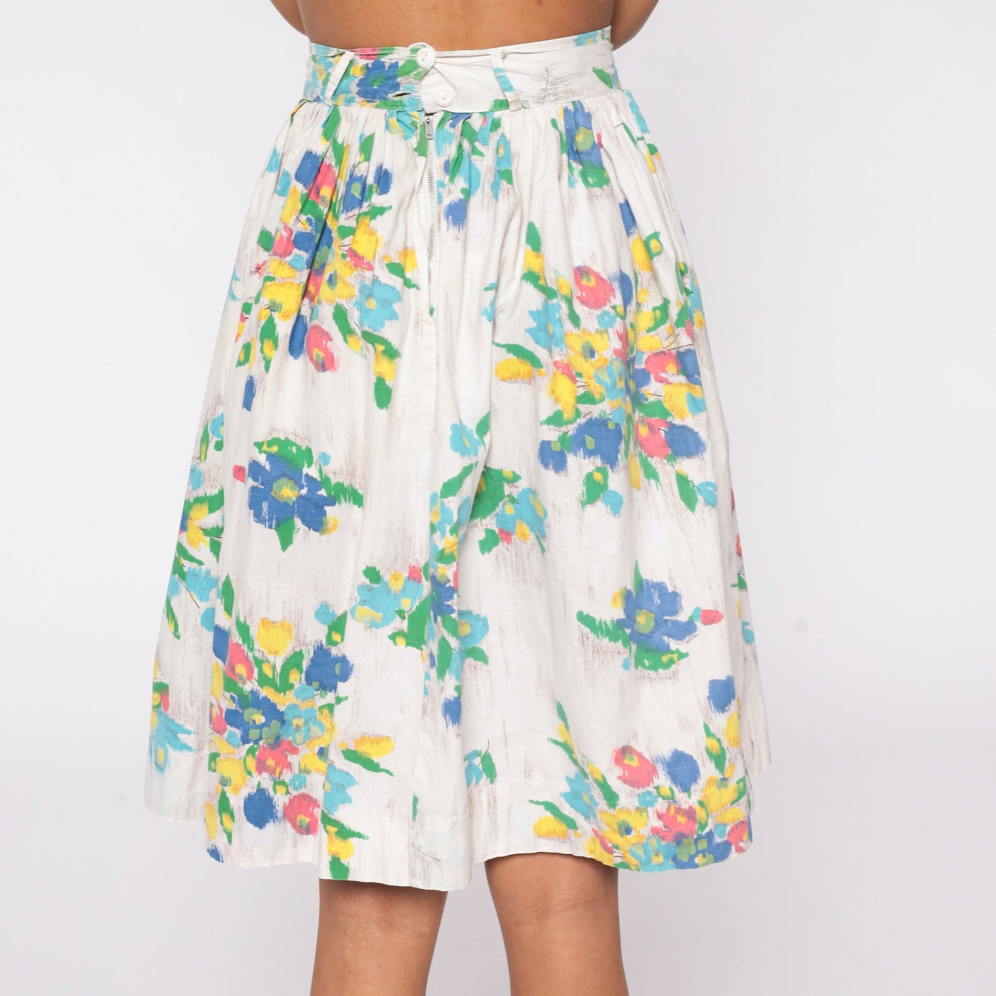 60s Floral Mini Skirt Pleated High Waist White Watercolor Cotton XS