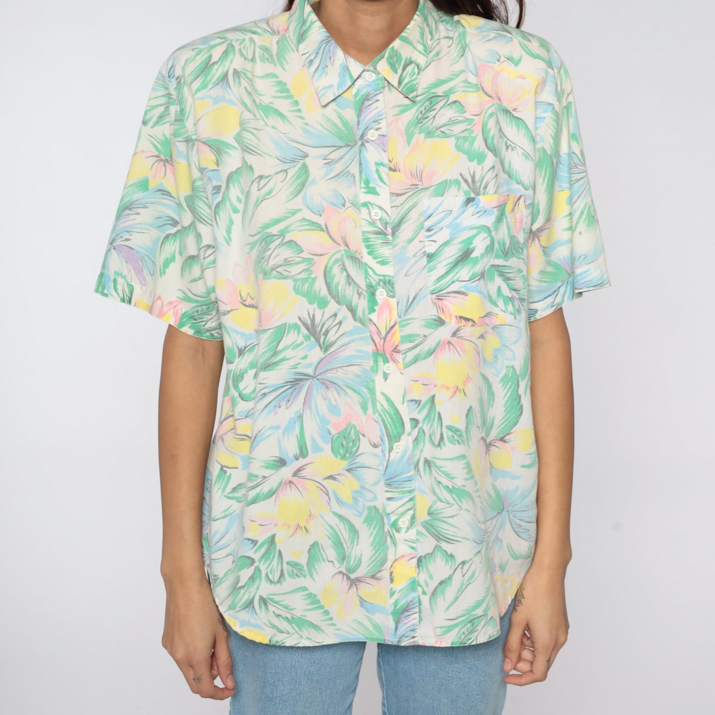 80s Tropical Floral Button-Up Shirt Green Pink Short Sleeve Medium