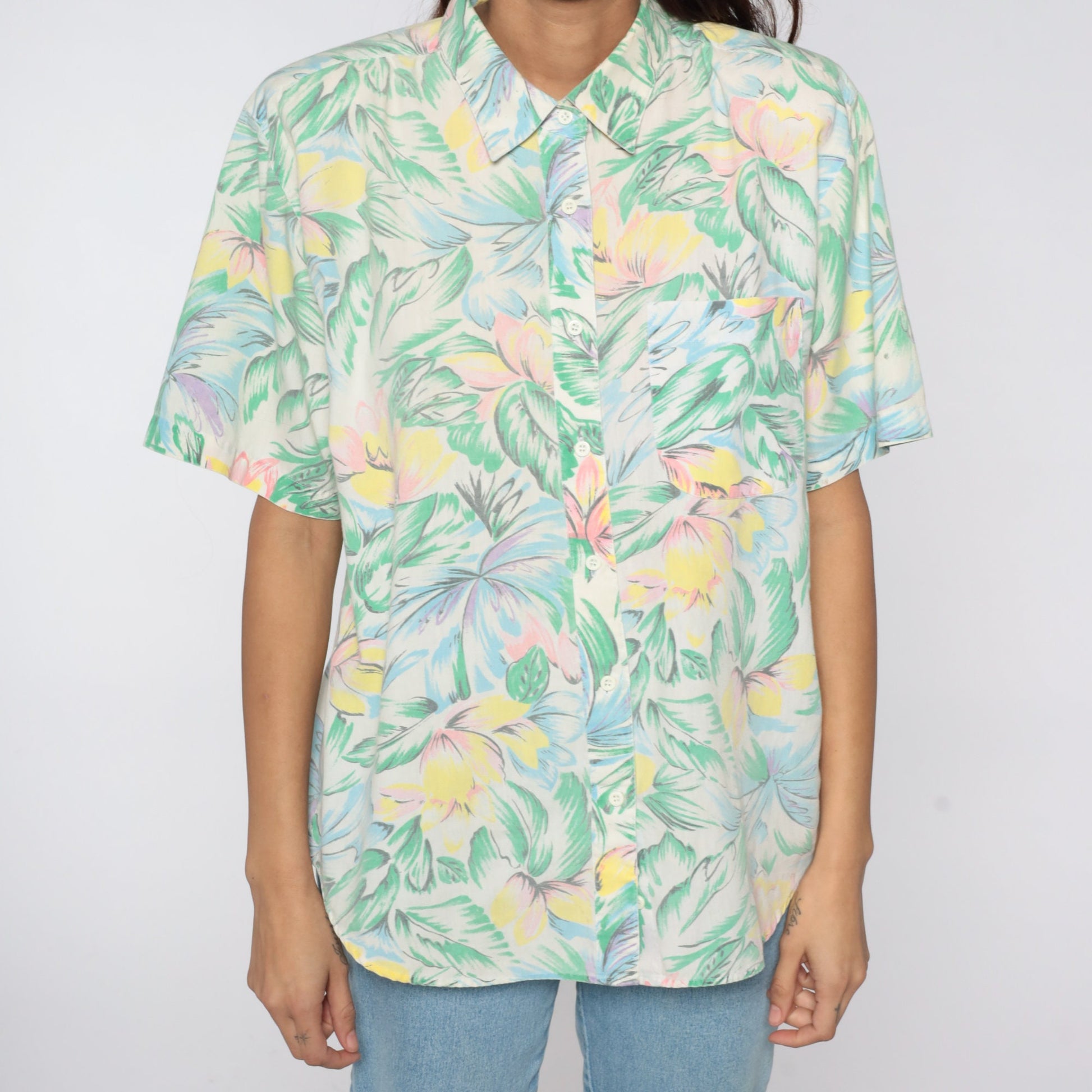 80s Tropical Floral Button-Up Shirt Green Pink Short Sleeve Medium