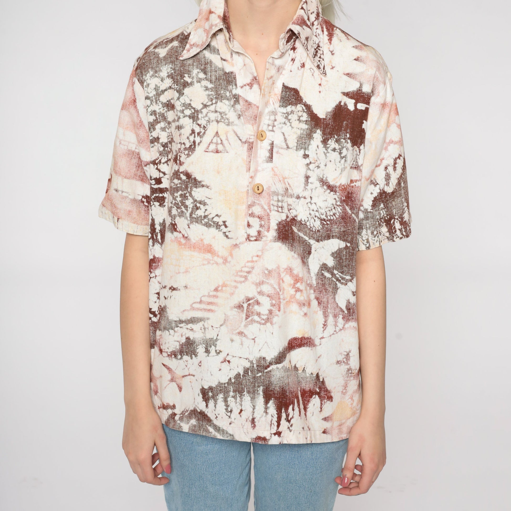 70s Pagoda Forest Bird Button Up Shirt Cream Red Brown Graphic Medium