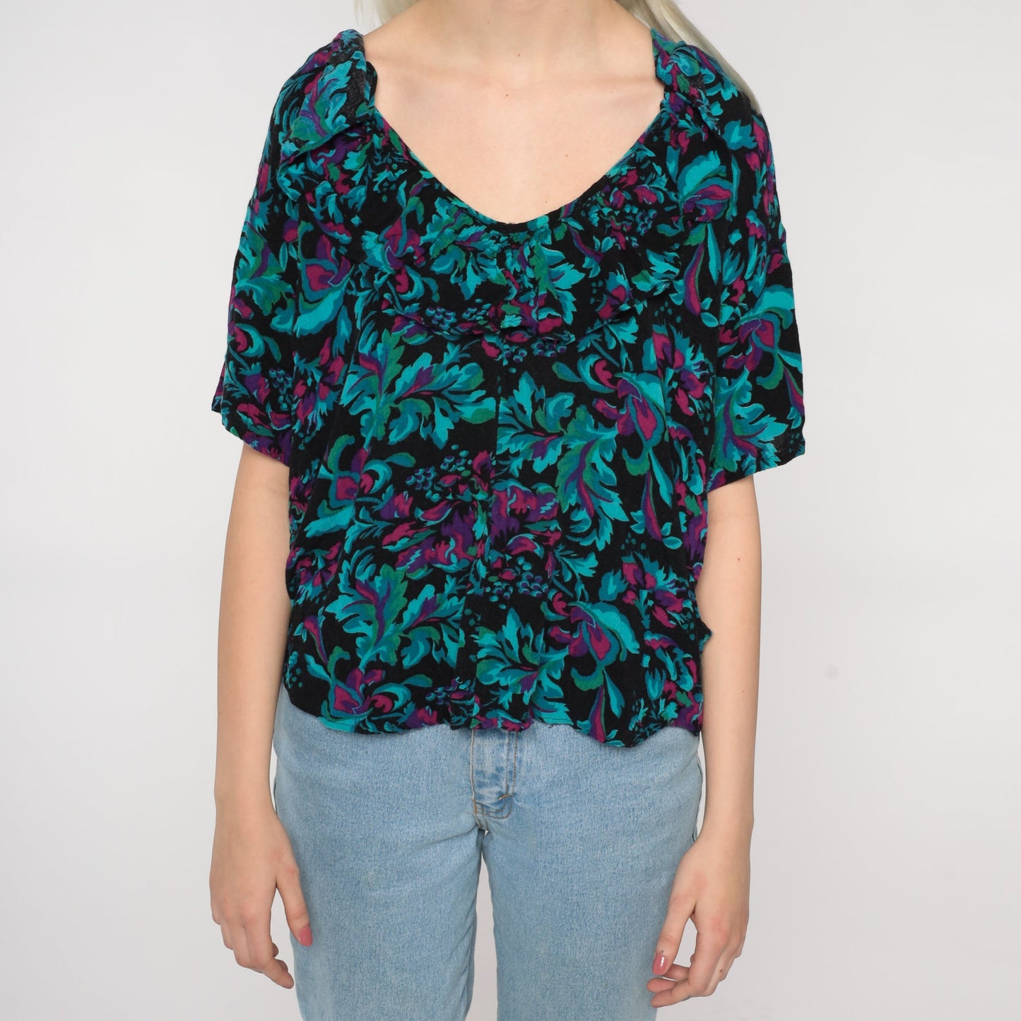 80s Floral Ruffle Blouse Black Green Flower Print Short Sleeve Large