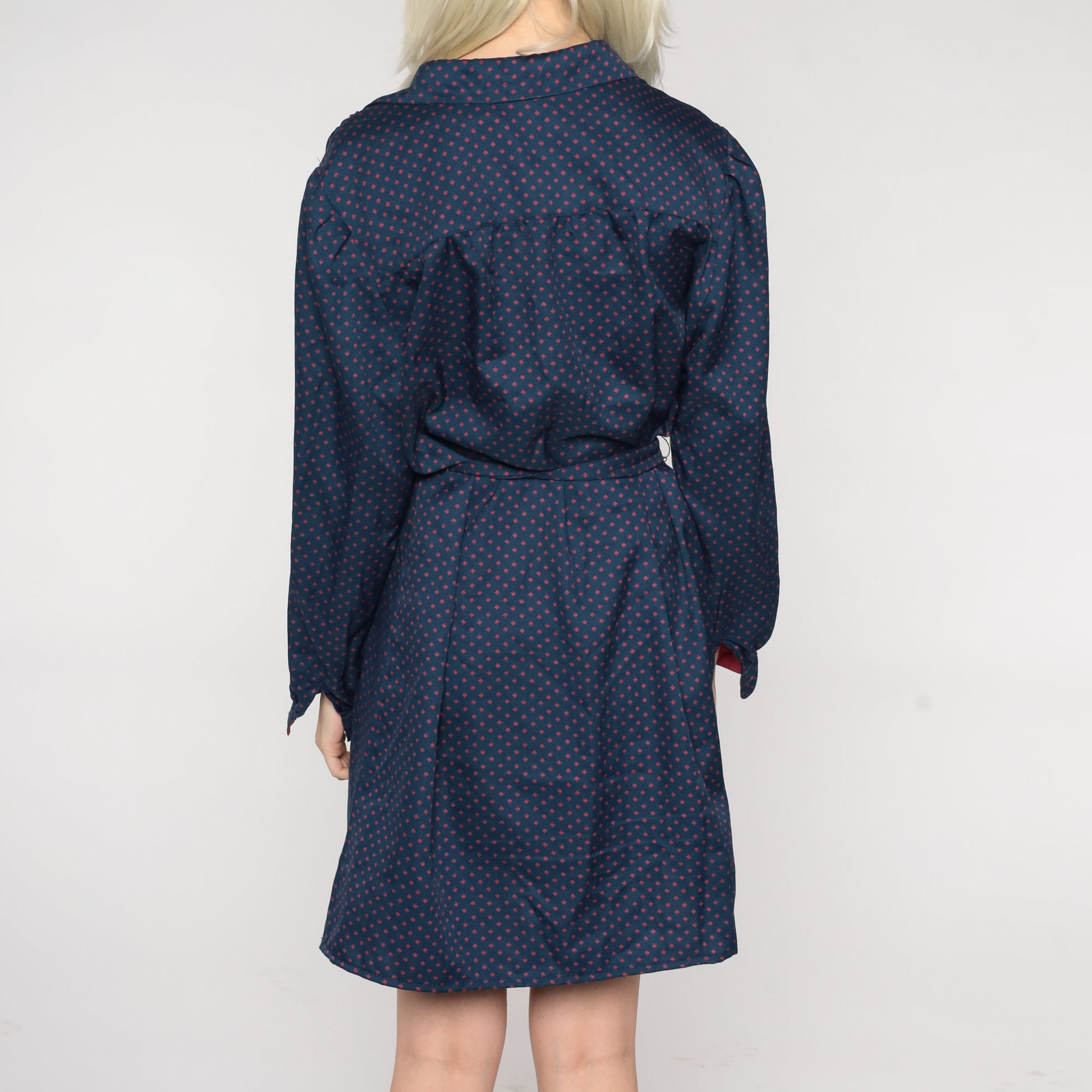 80s Navy Polka Dot Button-Up Mini Dress High Waist Tie Belt Long Sleeve Large L