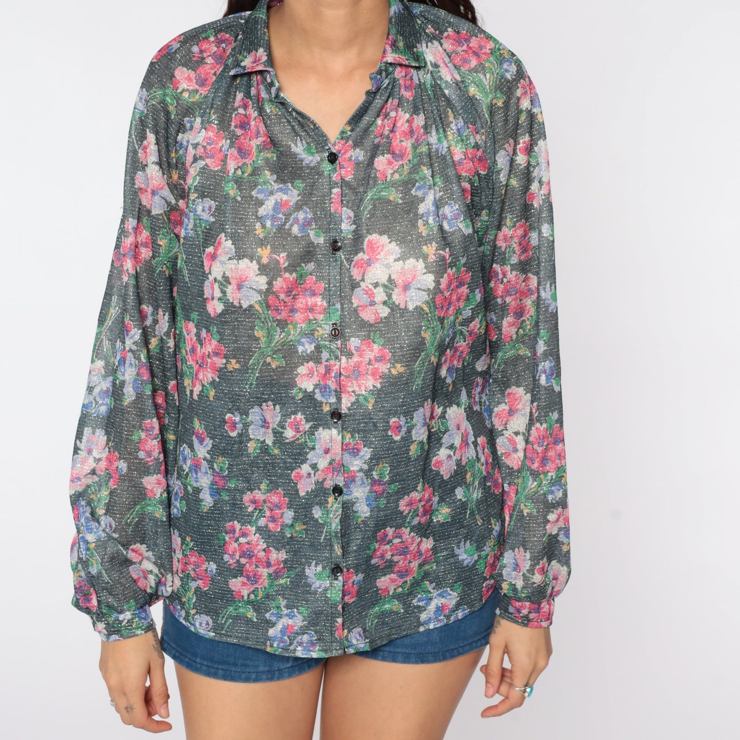70s Silver Floral Button-Up Blouse Metallic Raglan Sleeve Shirt Large L