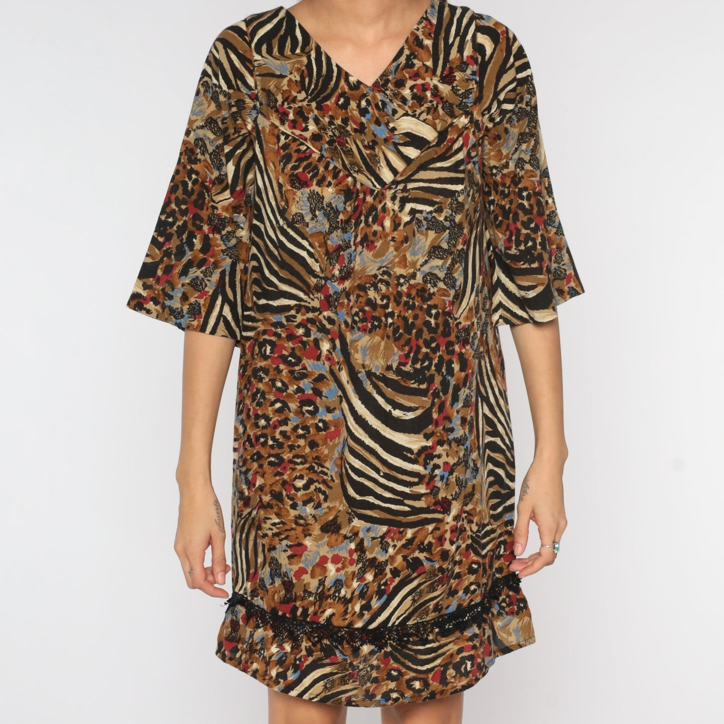 80s Animal Print Mini Shift Dress Brown 3/4 Sleeve Small