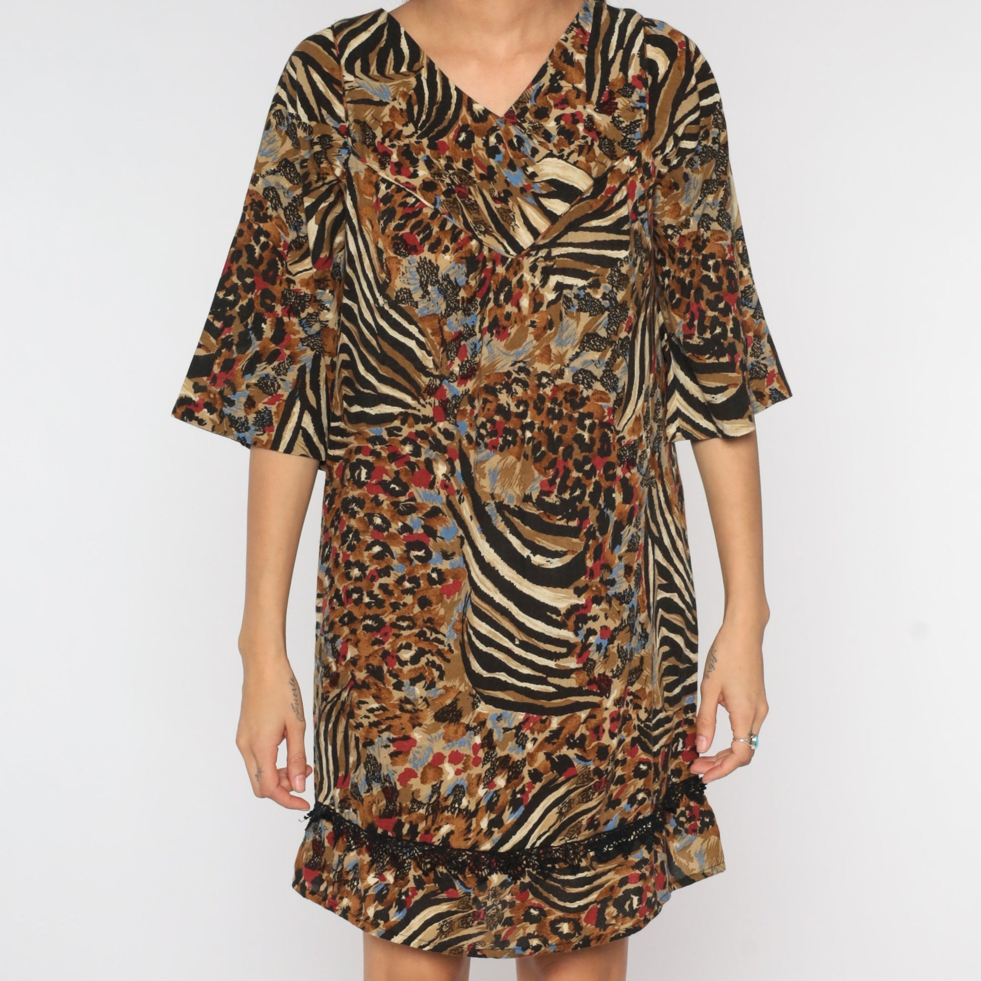 80s Animal Print Mini Shift Dress Brown 3/4 Sleeve Small
