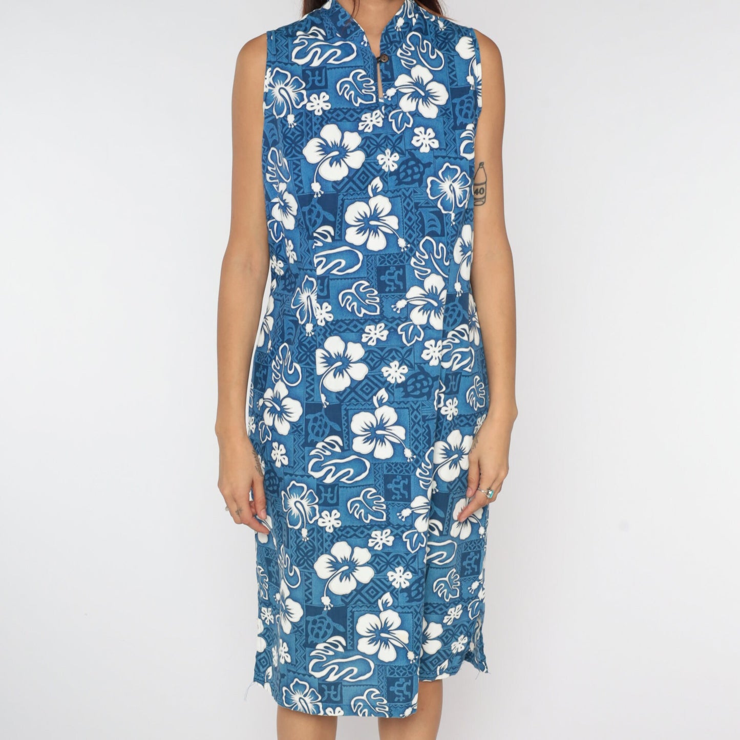 90s Hawaiian Floral Midi Dress Blue Tropical Shift Sleeveless Large
