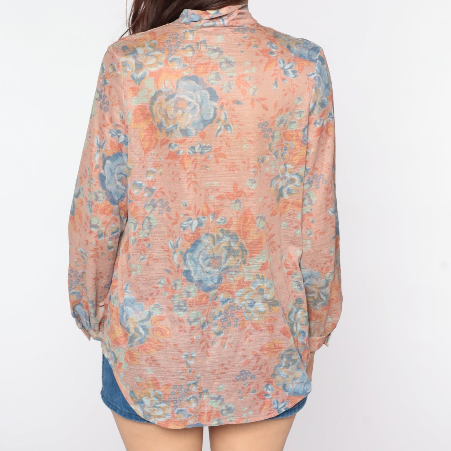 70s Floral Ascot Blouse Dusty Pink Blue Pullover Long Sleeve Medium