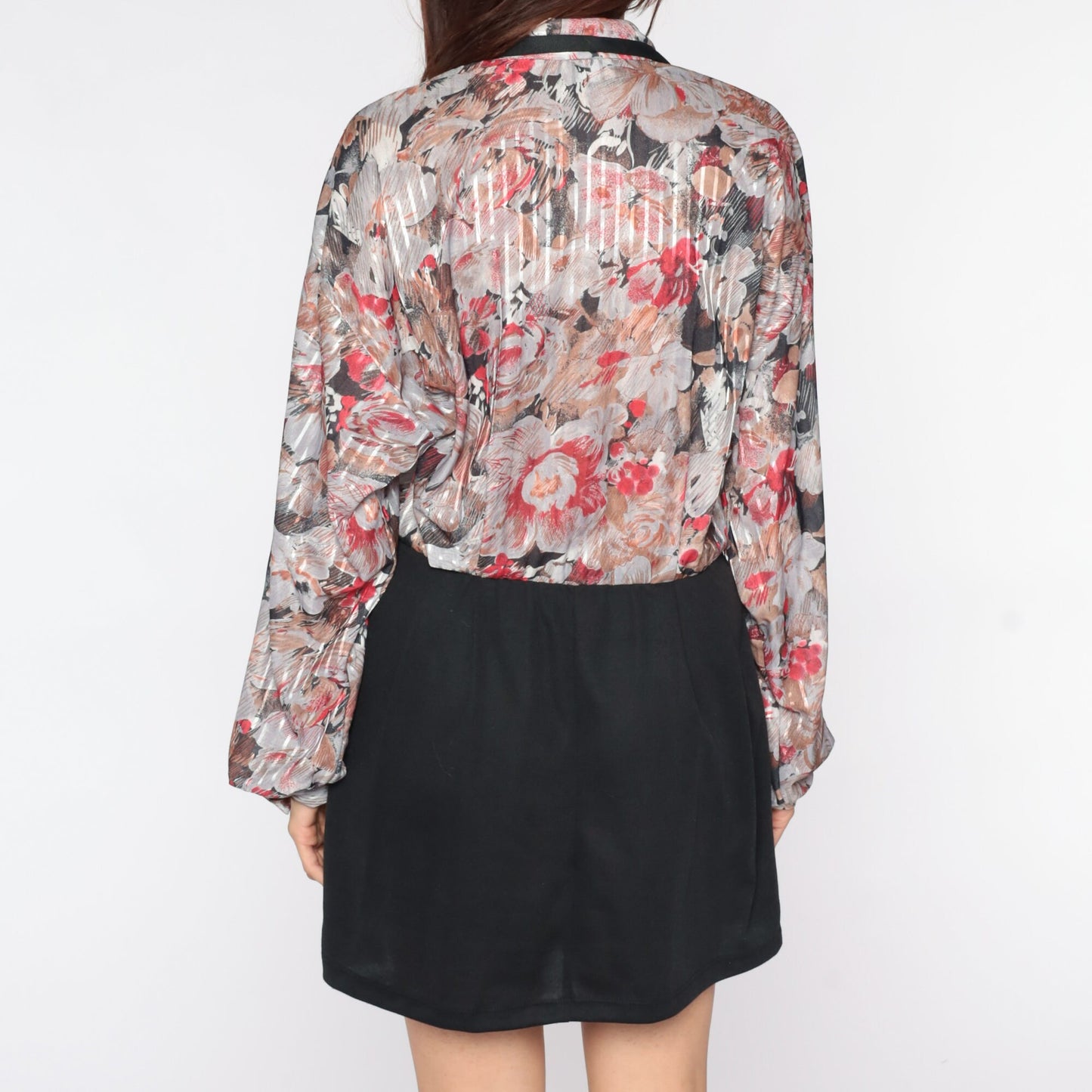 70s Floral Mini Dress Black Skirt Collared Button-Up Long Sleeve Medium
