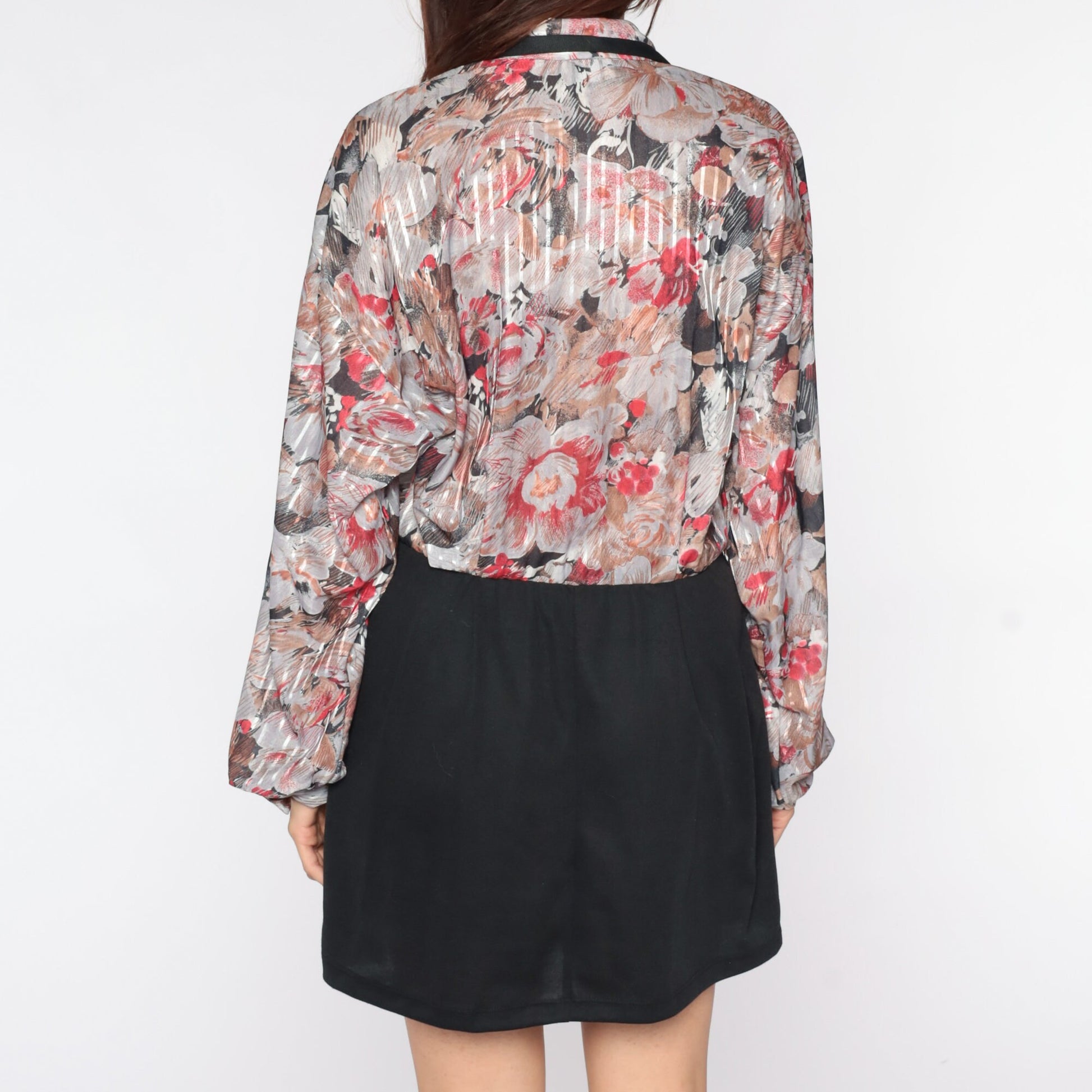70s Floral Mini Dress Black Skirt Collared Button-Up Long Sleeve Medium