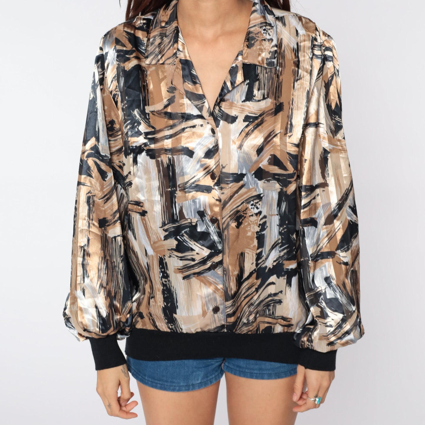 80s Brushstroke Striped Button-Up Blouse Black Brown Shiny Print Large L