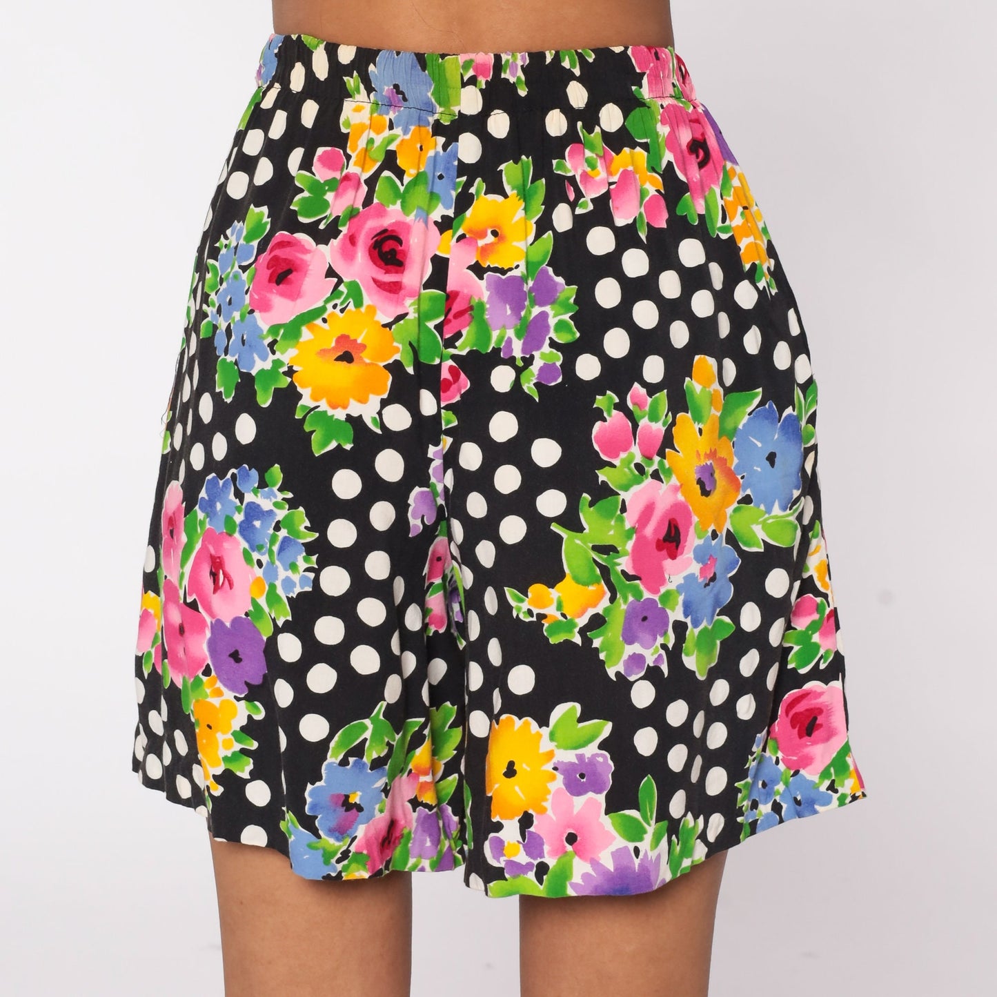 90s Floral Polka Dot High-Waisted Rayon Shorts Black White Small Medium