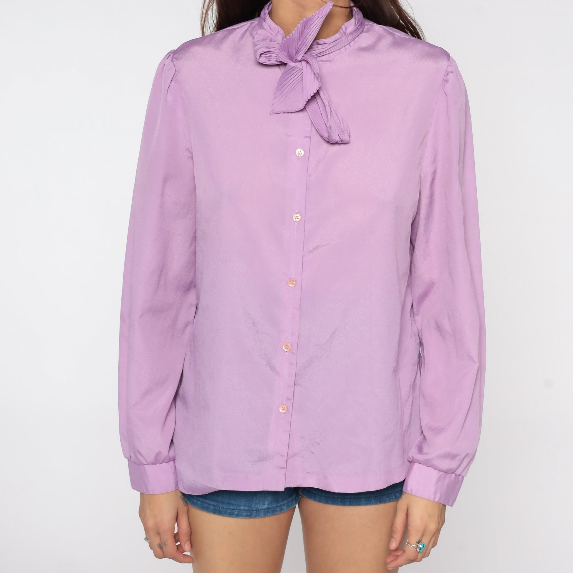 80s Purple Necktie Blouse Puff Sleeve Button Up Ruffle Collar Medium