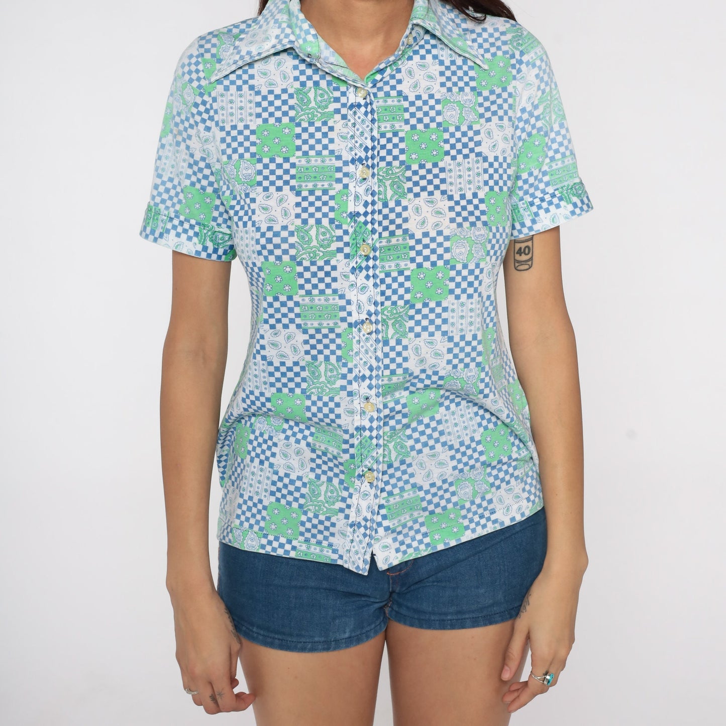70s Checkered Paisley Floral Button Up Shirt Dagger Collar Blue Small