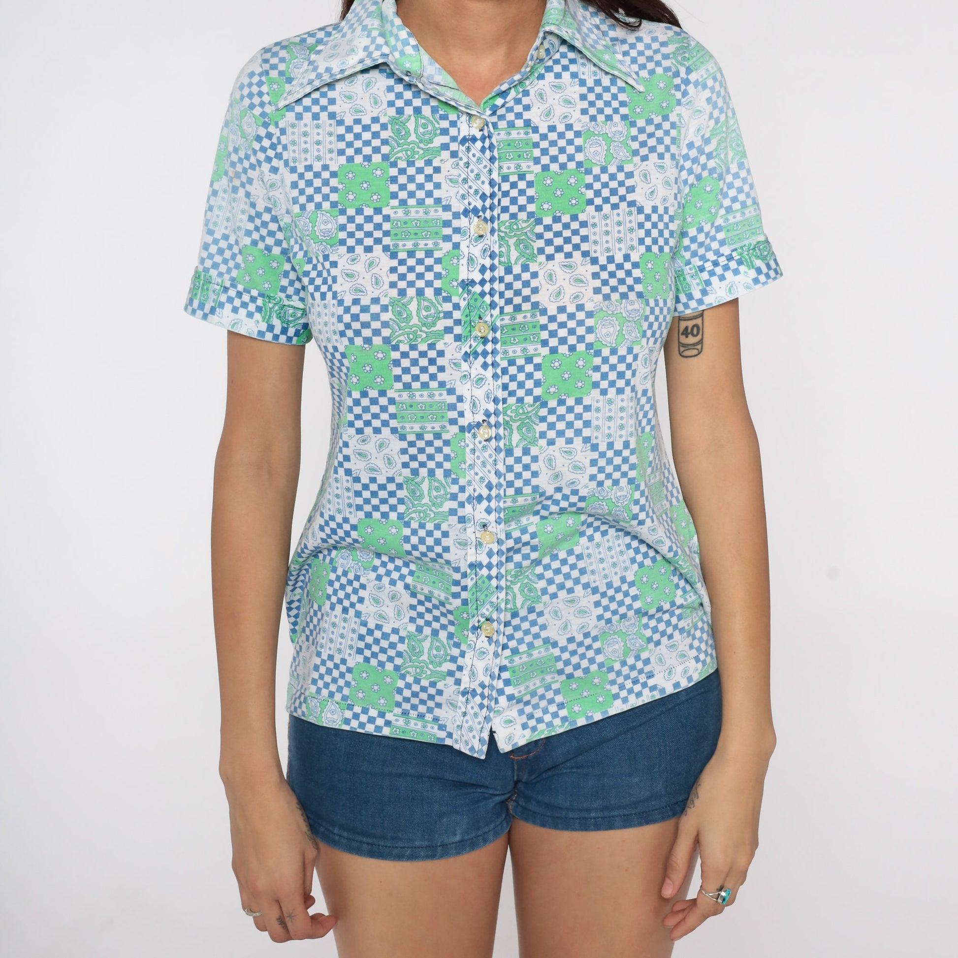 70s Checkered Paisley Floral Button Up Shirt Dagger Collar Blue Small