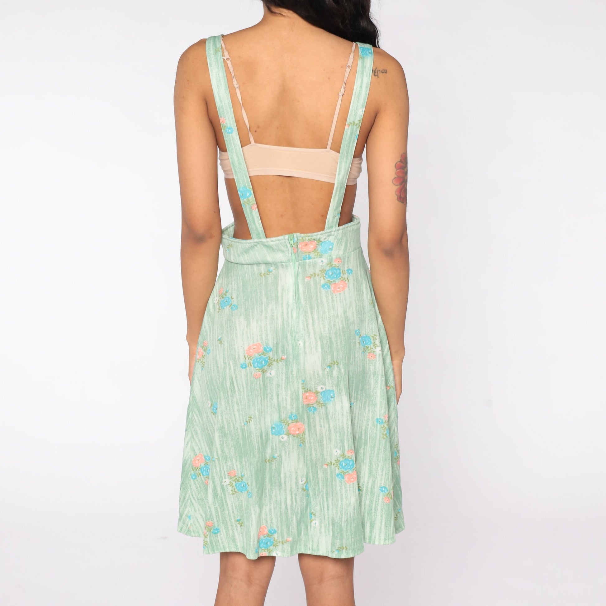 70s Green Floral Apron Dress Midi Pinafore Small