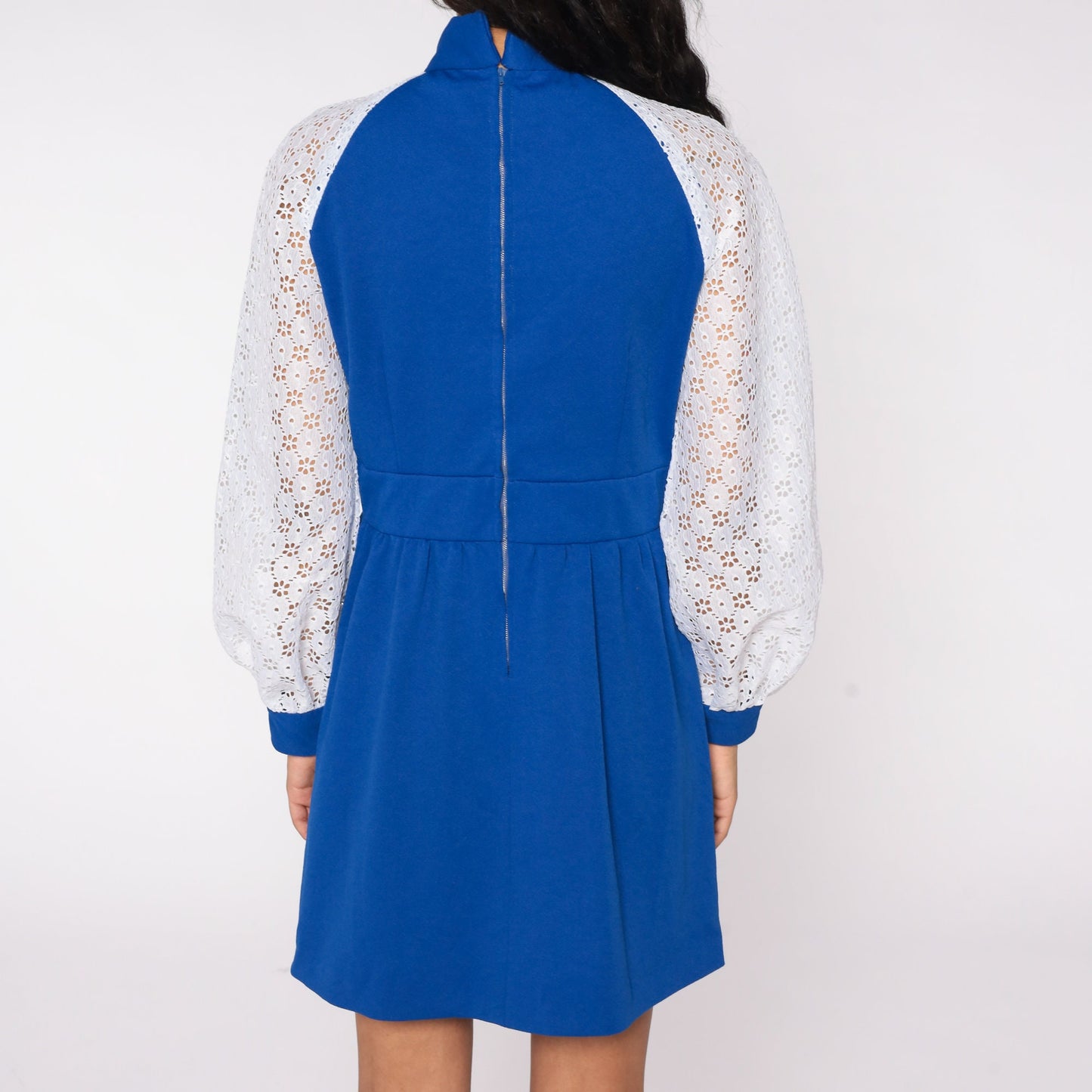 70s Blue Mini Dress Choker Collar Puff Sleeve High Waist Lace Floral Small
