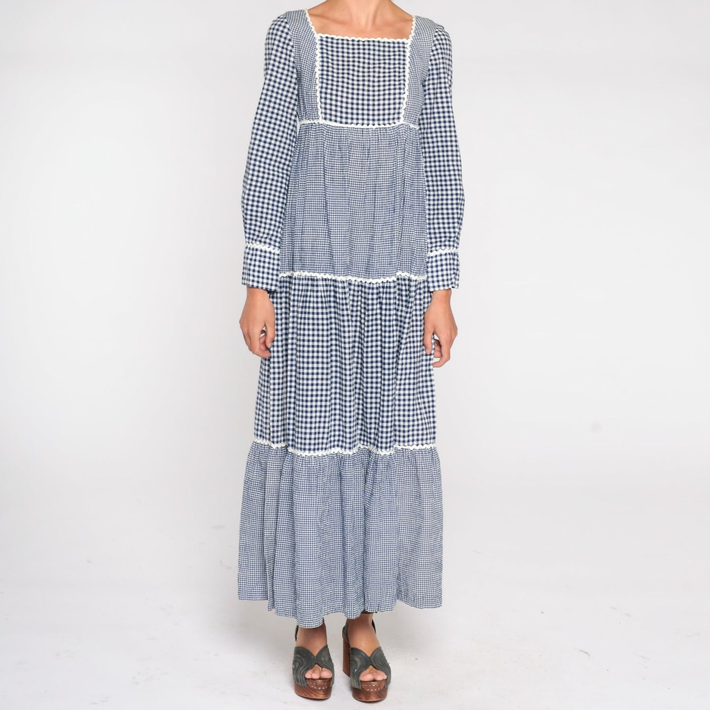 70s Sue Brett Blue Gingham Maxi Dress Empire Waist Puff Sleeve Small