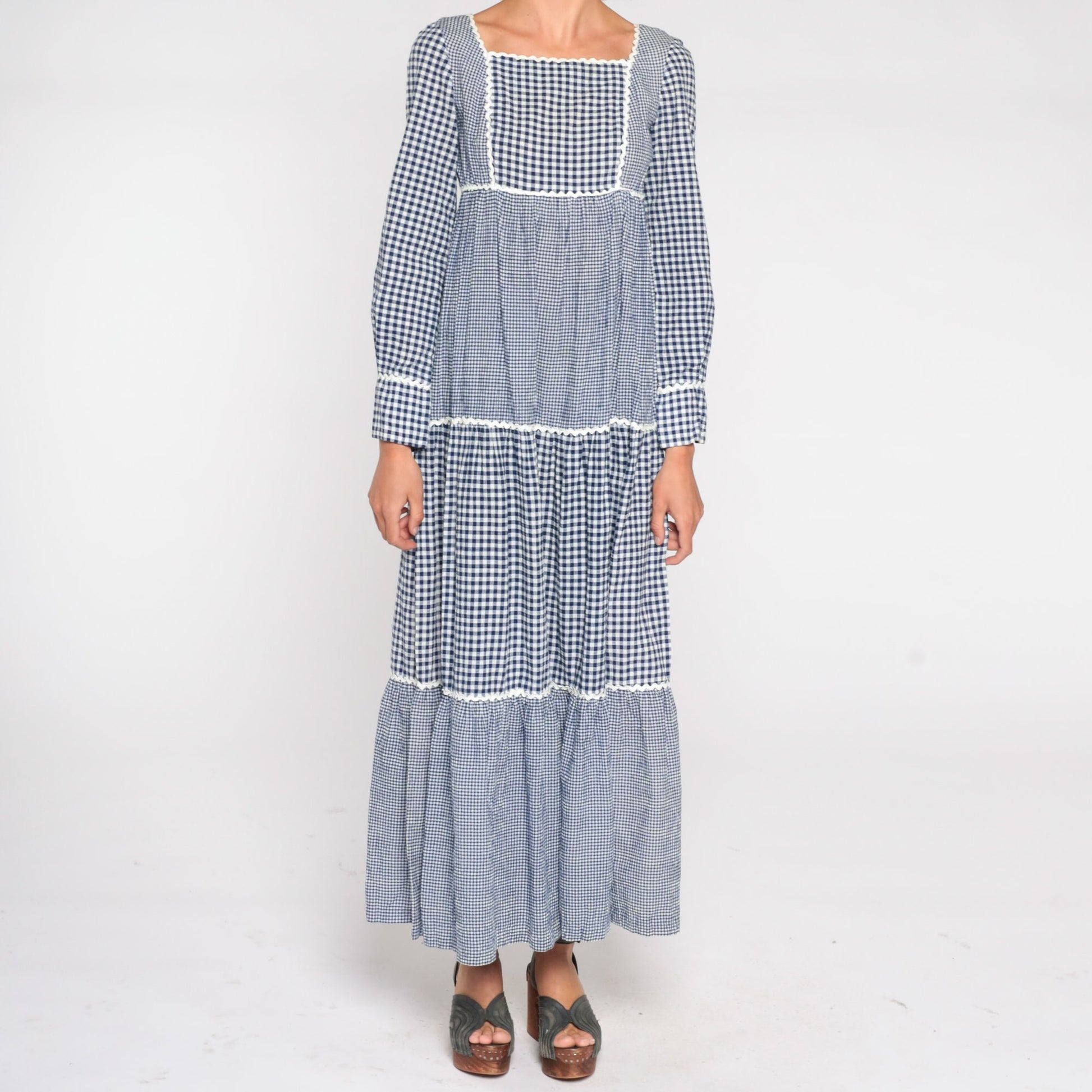 70s Sue Brett Blue Gingham Maxi Dress Empire Waist Puff Sleeve Small