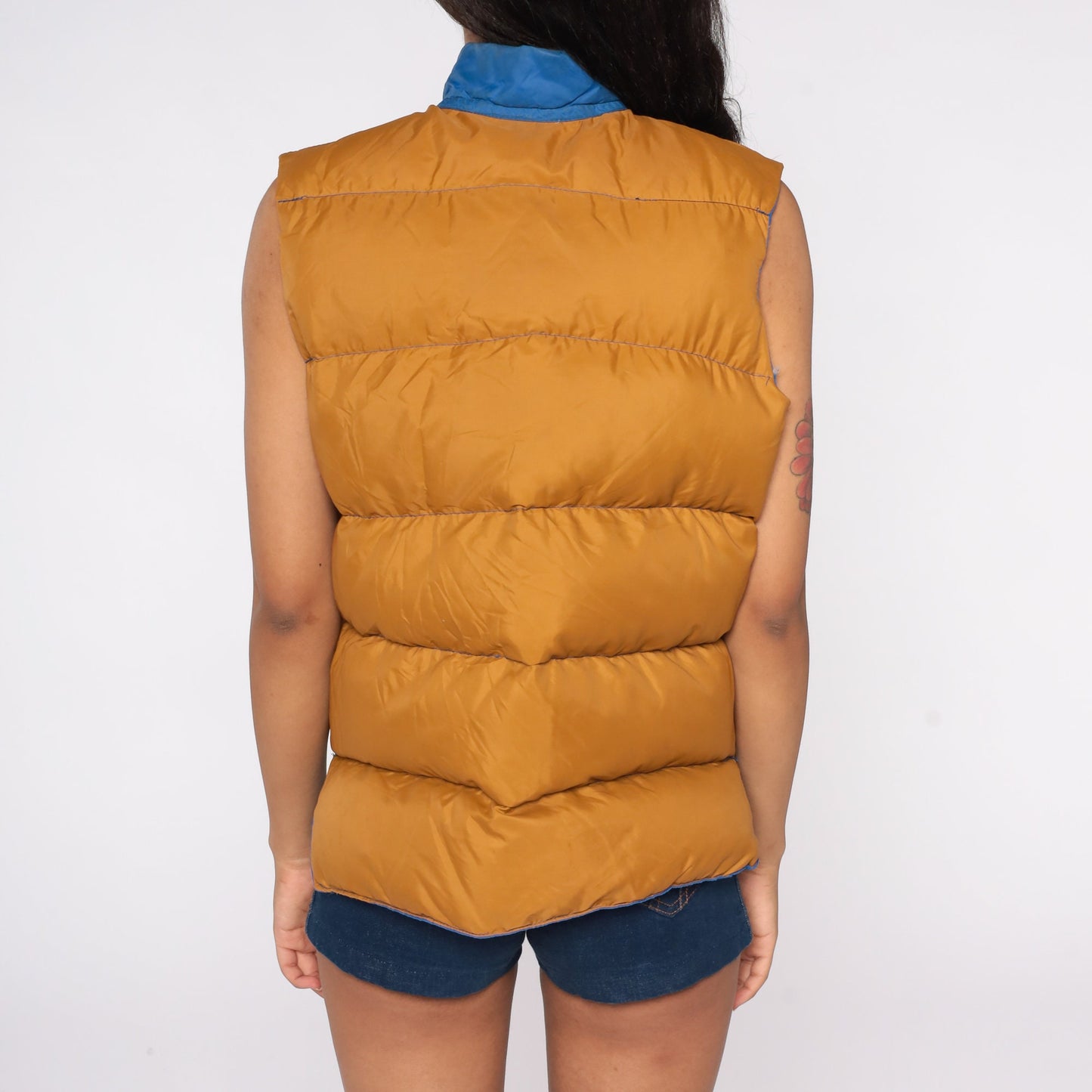 70s Reversible Goose Down Puffer Vest Mustard Brown Blue Sleeveless Medium Large