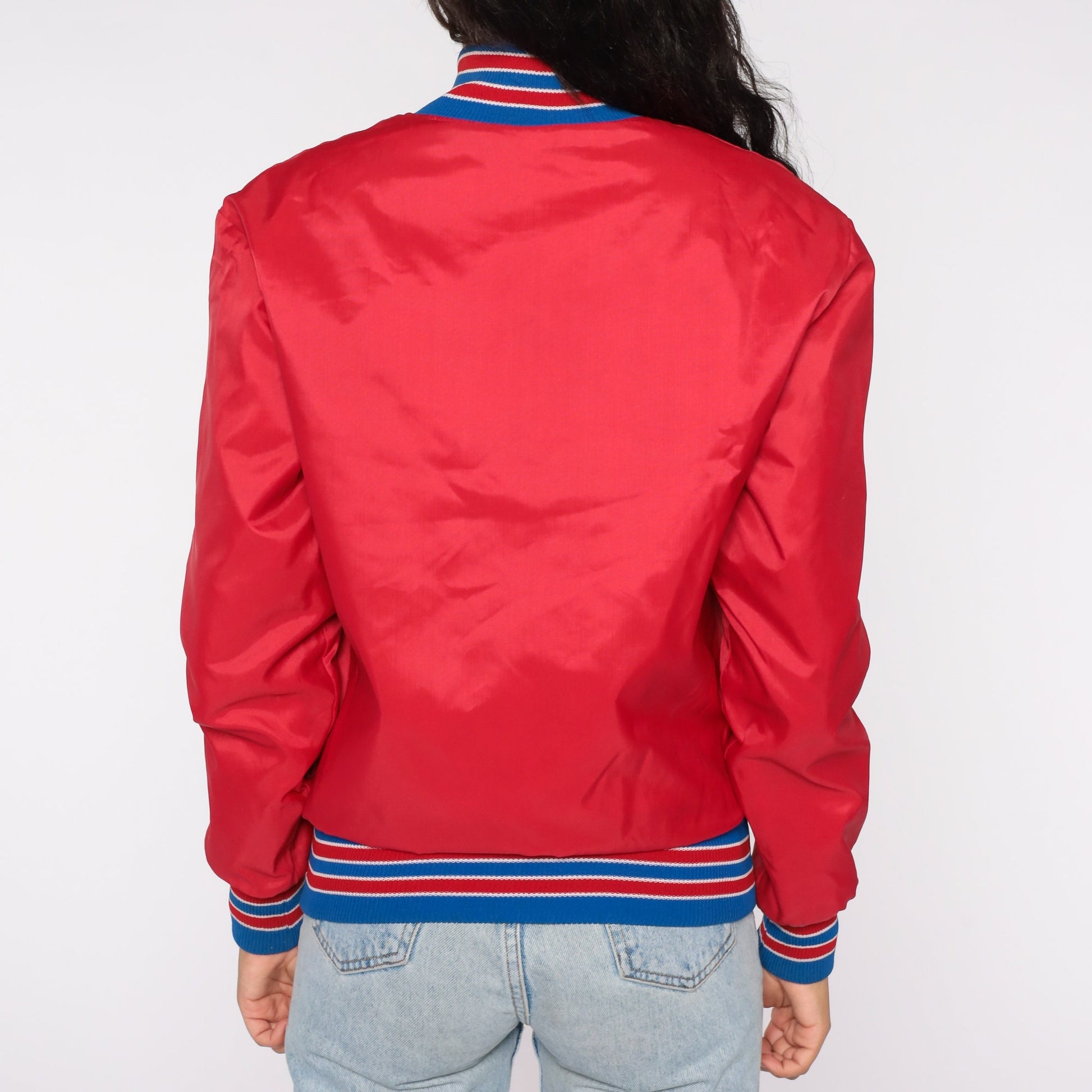 80s Red Bomber Jacket Cheryl American Realty Embroidered Snap Front Extra Small XS