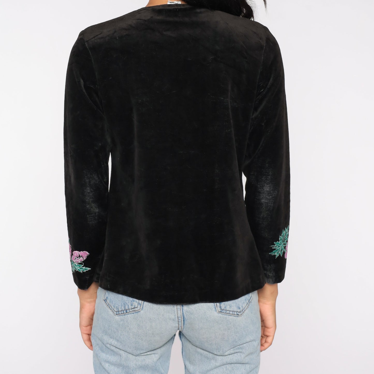 80s Black Velvet Floral Embroidered Open Front Blazer Small